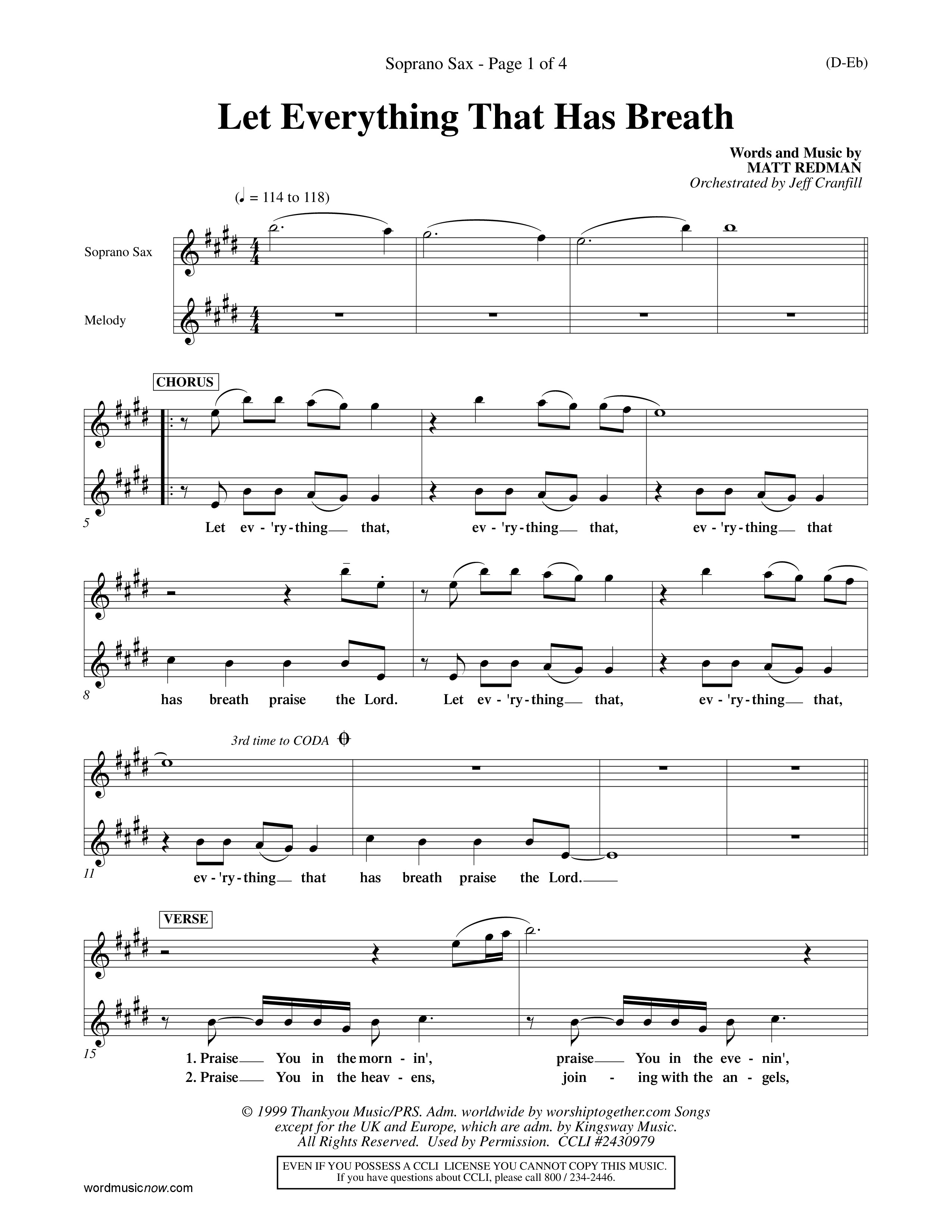 Let Everything That Has Breath (Choral Anthem SATB) Saxophone (Word Music Choral / Orch. Jeff Cranfill)