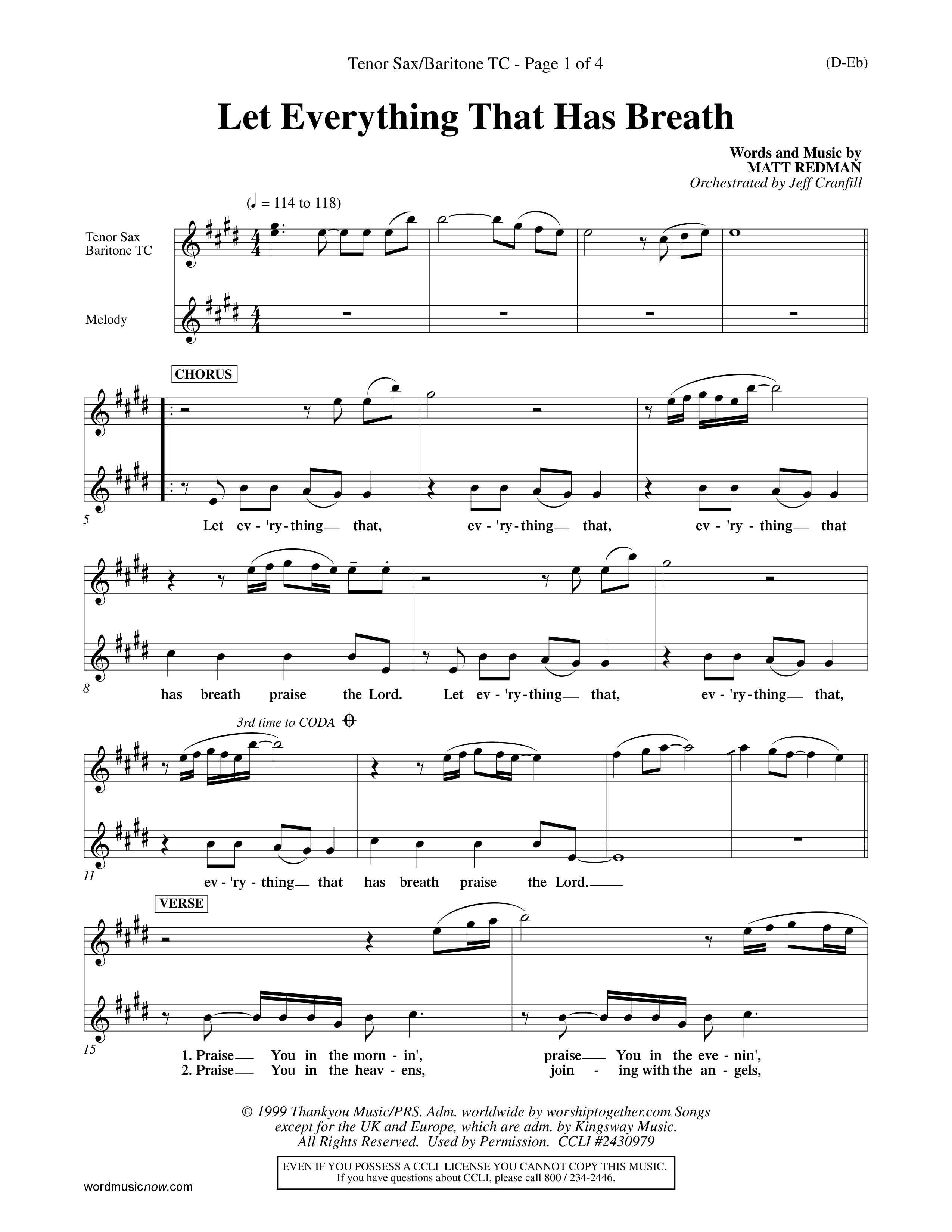 Let Everything That Has Breath (Choral Anthem SATB) Tenor Sax/Baritone T.C. (Word Music Choral / Orch. Jeff Cranfill)