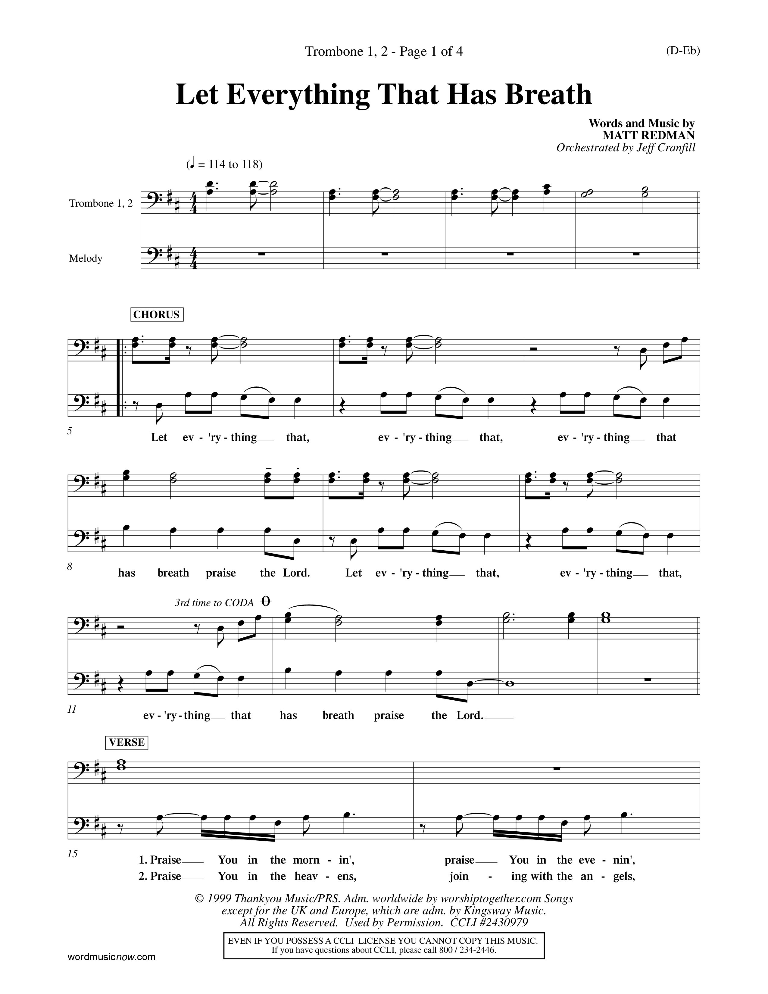 Let Everything That Has Breath (Choral Anthem SATB) Trombone 1/2 (Word Music Choral / Orch. Jeff Cranfill)