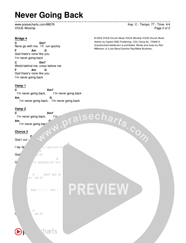 Never Going Back Chords & Lyrics (VOUS Worship)