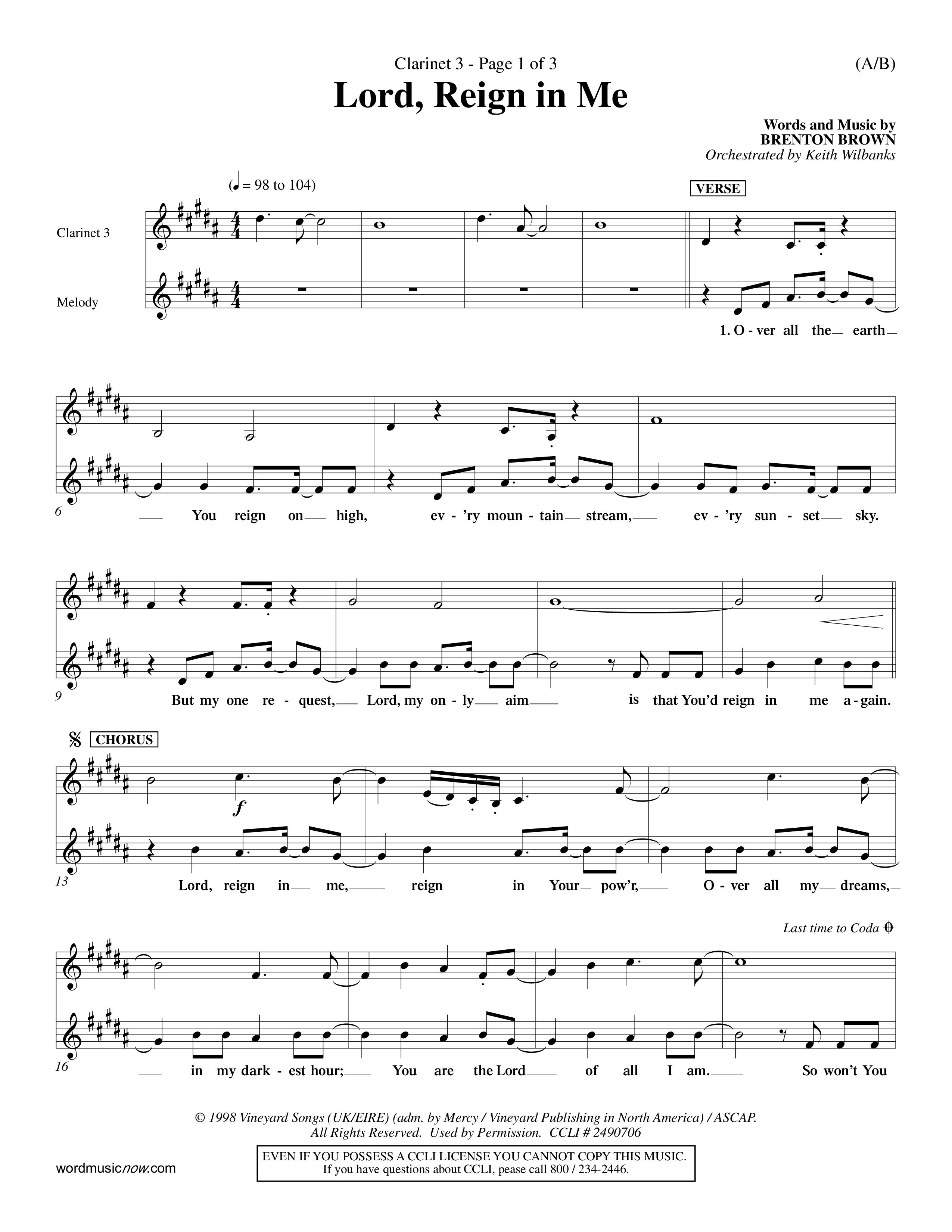 Lord Reign In Me (Choral Anthem SATB) Clarinet 3 (Word Music Choral / Orch. Keith Wilbanks)