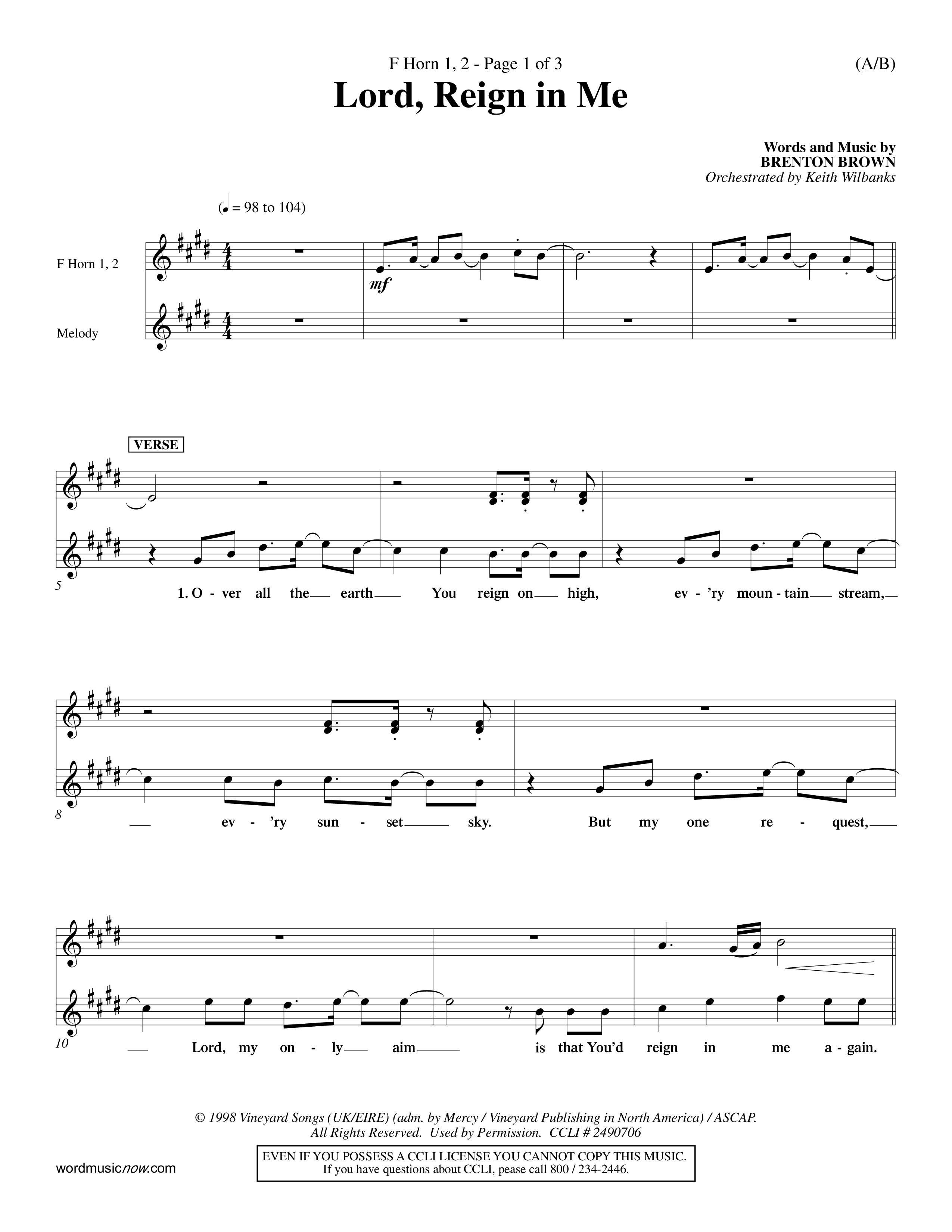Lord Reign In Me (Choral Anthem SATB) French Horn (Word Music Choral / Orch. Keith Wilbanks)