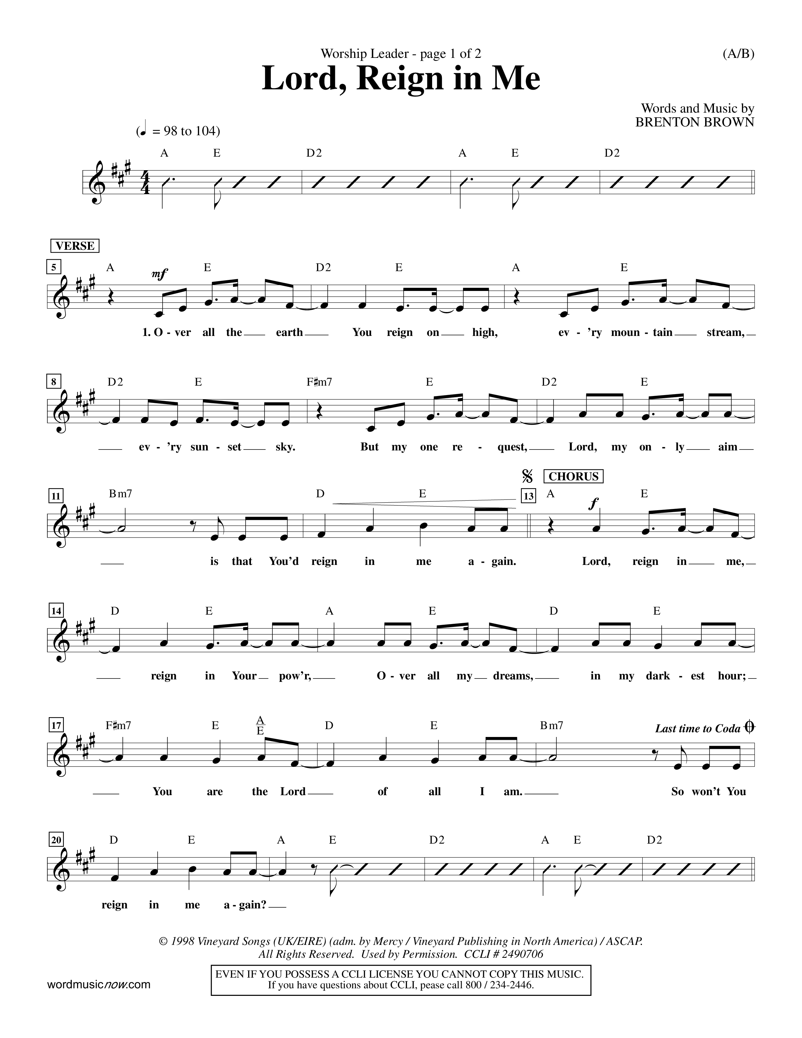 Lord Reign In Me (Choral Anthem SATB) Lead Sheet (Mel) (Word Music Choral / Orch. Keith Wilbanks)