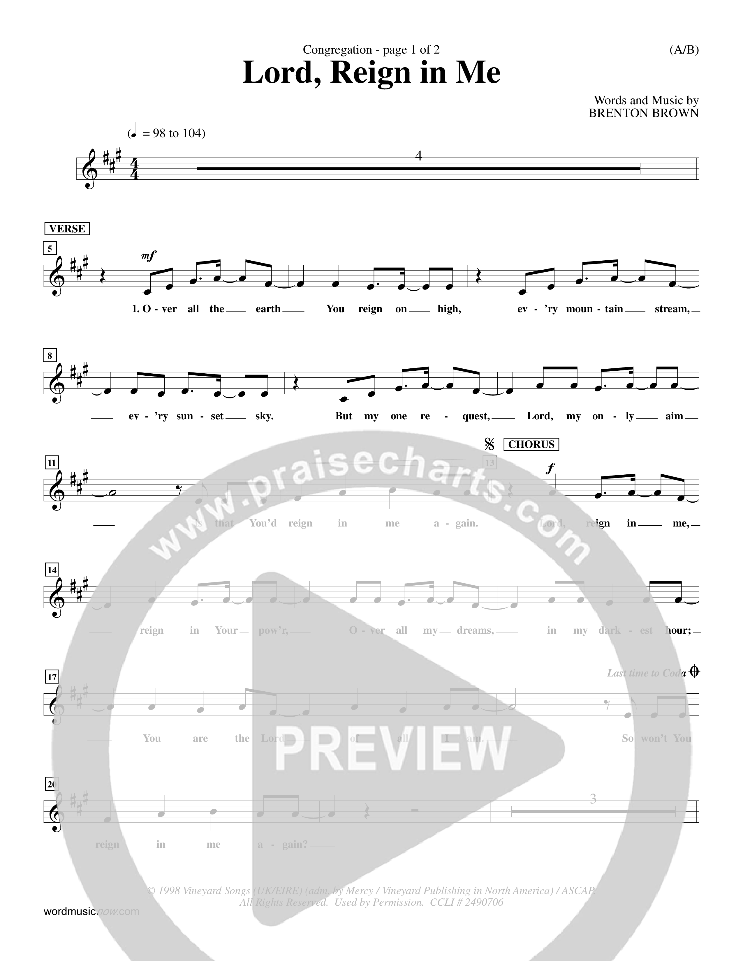 Lord Reign In Me (Choral Anthem SATB) Lead Sheet (Mel) (Word Music Choral / Orch. Keith Wilbanks)