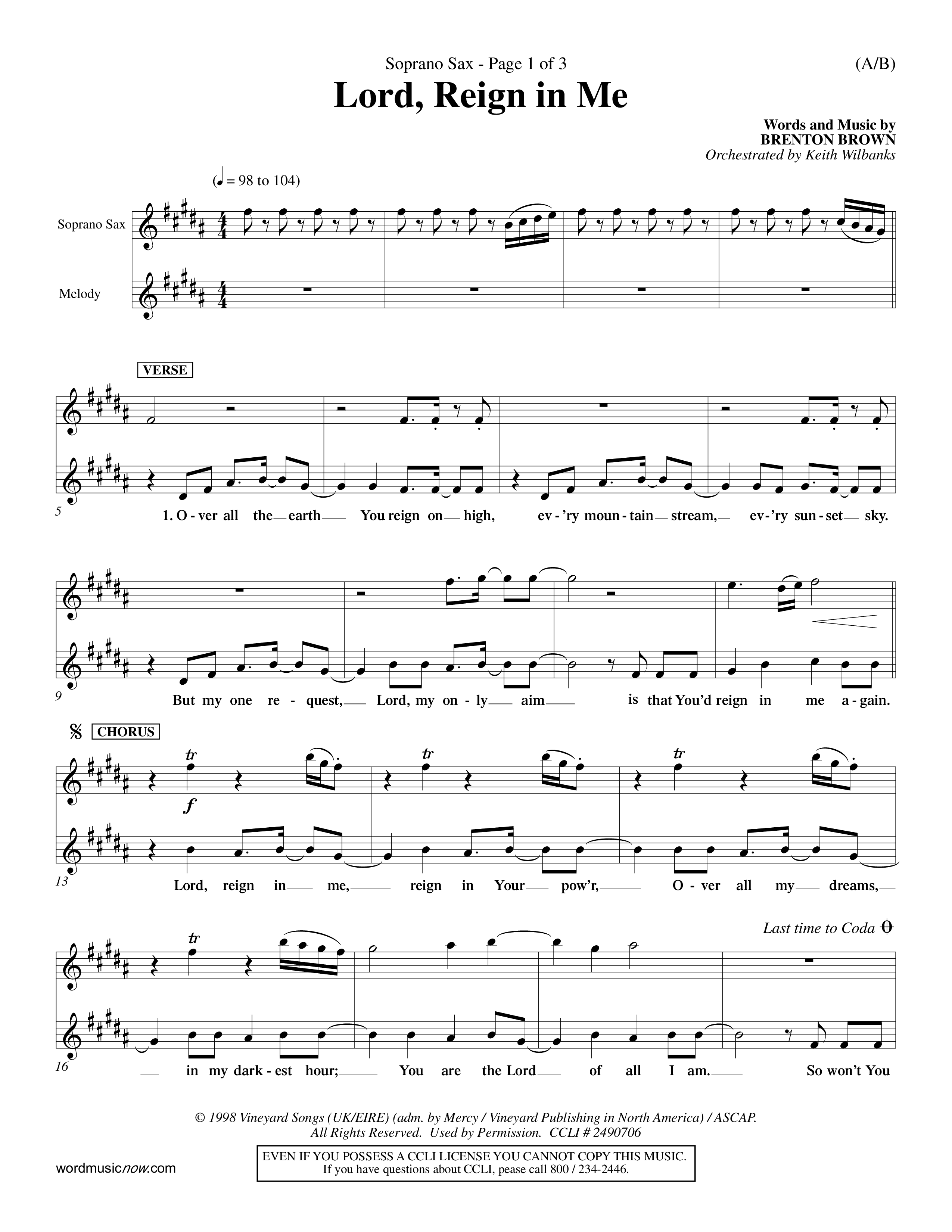 Lord Reign In Me (Choral Anthem SATB) Saxophone (Word Music Choral / Orch. Keith Wilbanks)