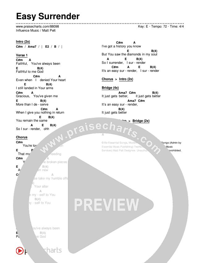Easy Surrender Chords & Lyrics (Influence Music / Matt Pelt)