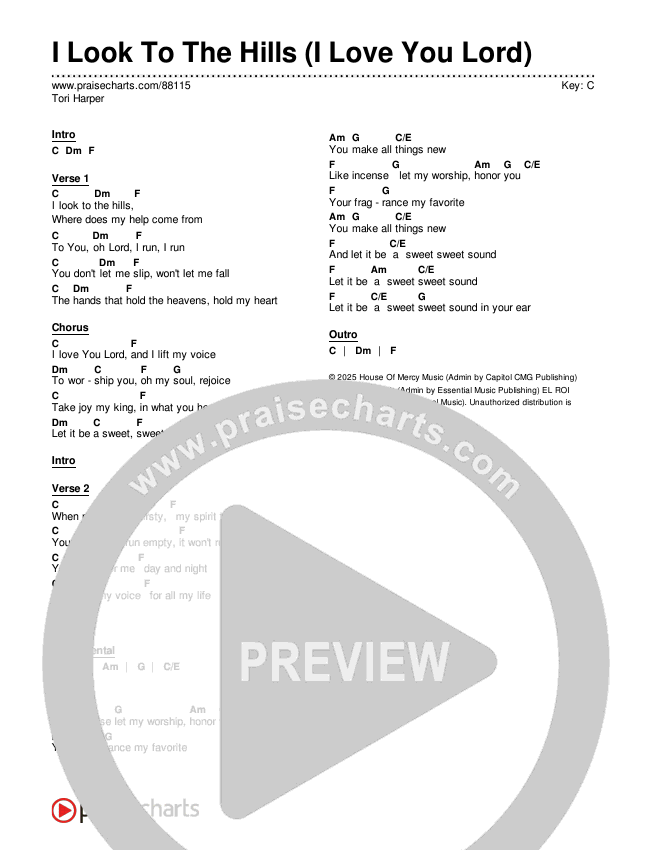 I Look To The Hills (I Love You Lord) Chords & Lyrics (Tori Harper)