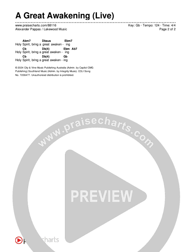 A Great Awakening (Live) Chords & Lyrics (Alexander Pappas / Lakewood Music)