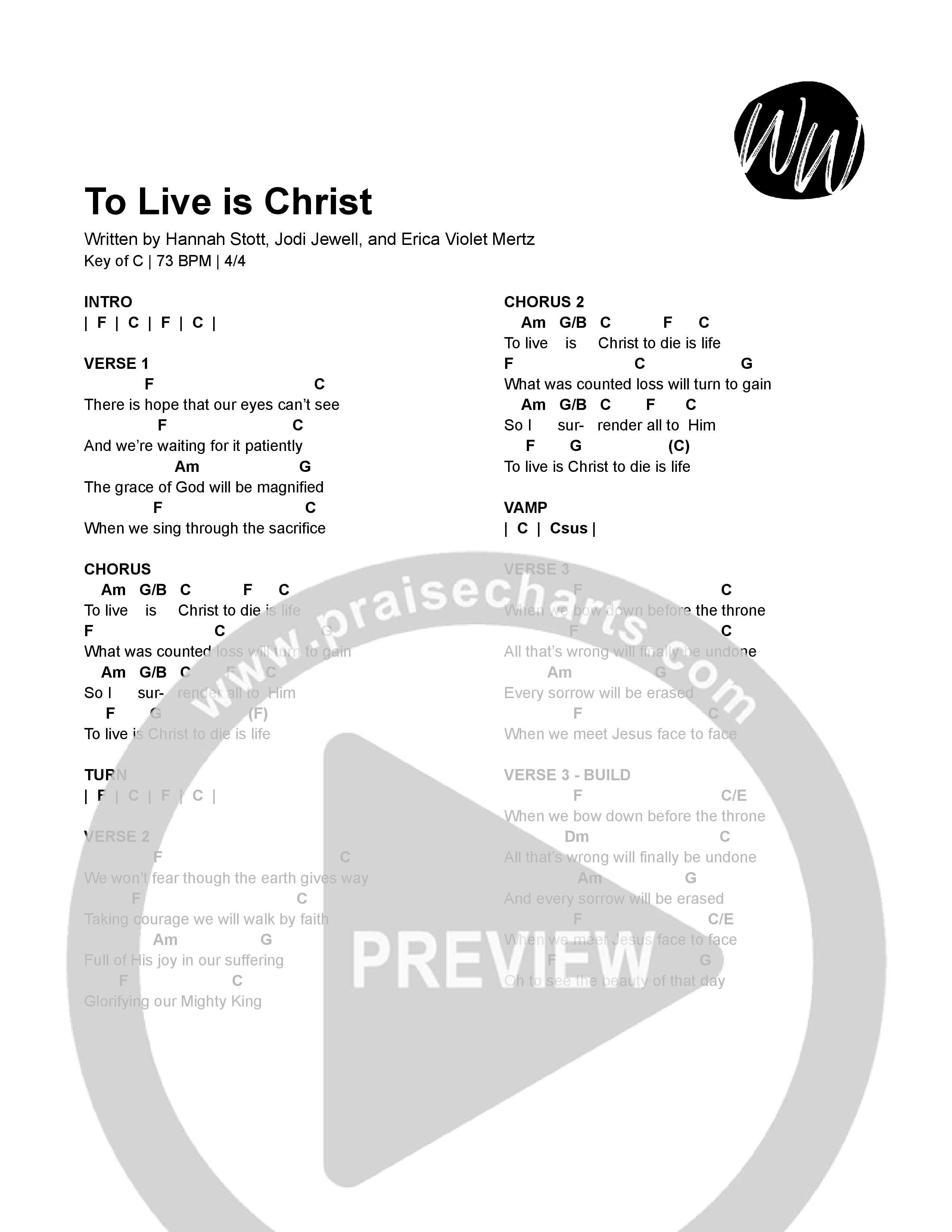 To Live Is Christ (Live) Chord Chart (Writing Worship Community)