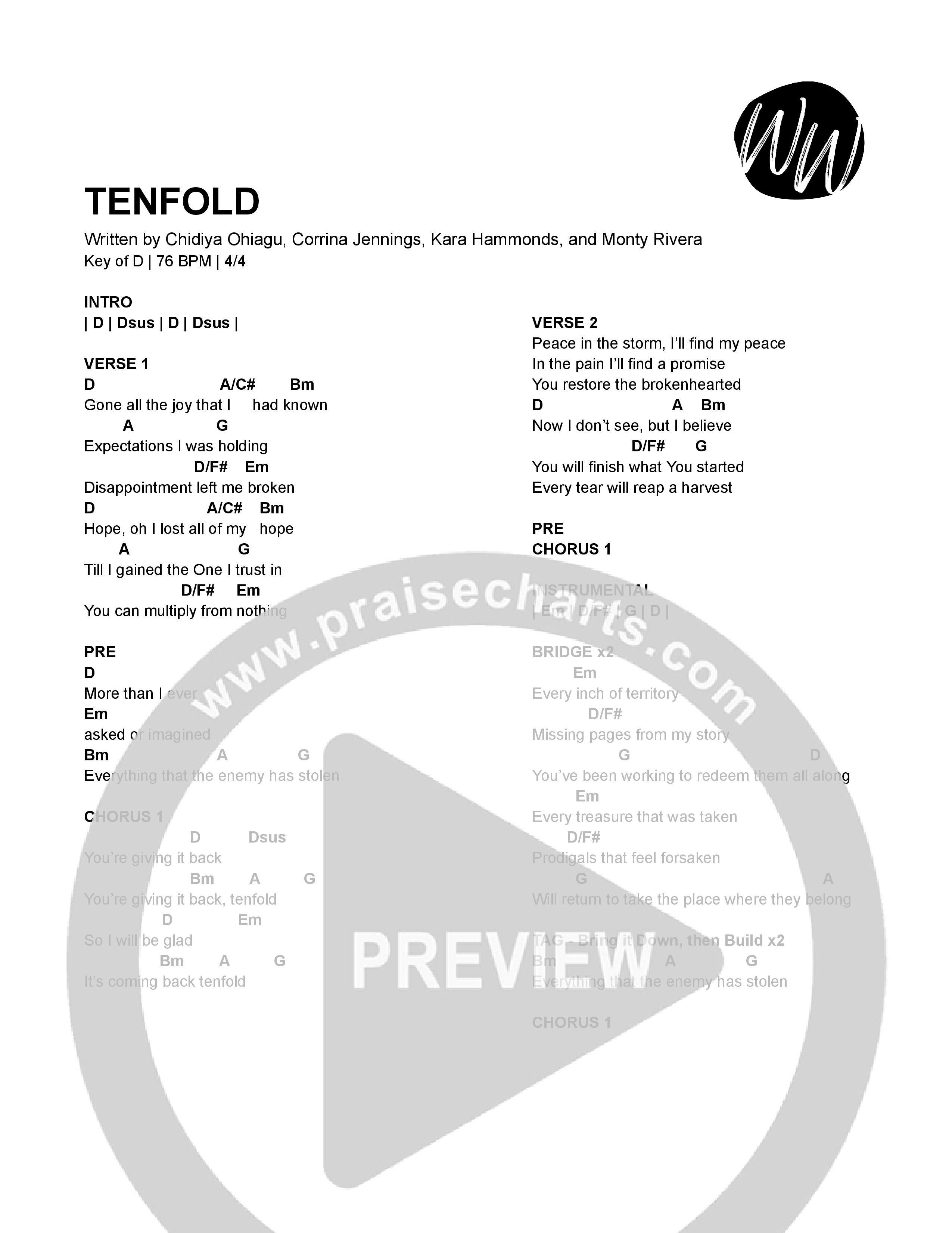 TENFOLD (Live) Chord Chart (Writing Worship Community)