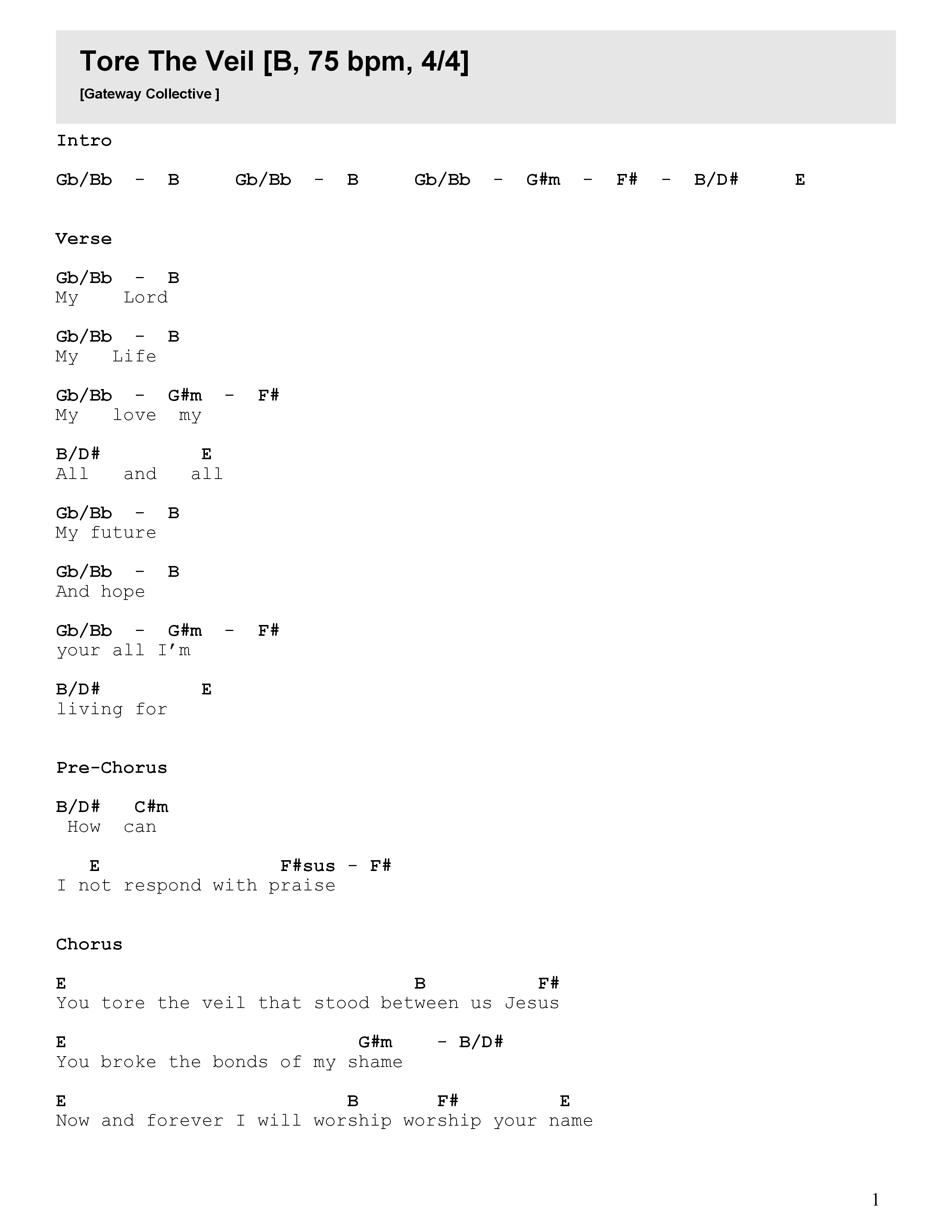 Tore The Veil Chord Chart (Newlands Worship / Leeland)