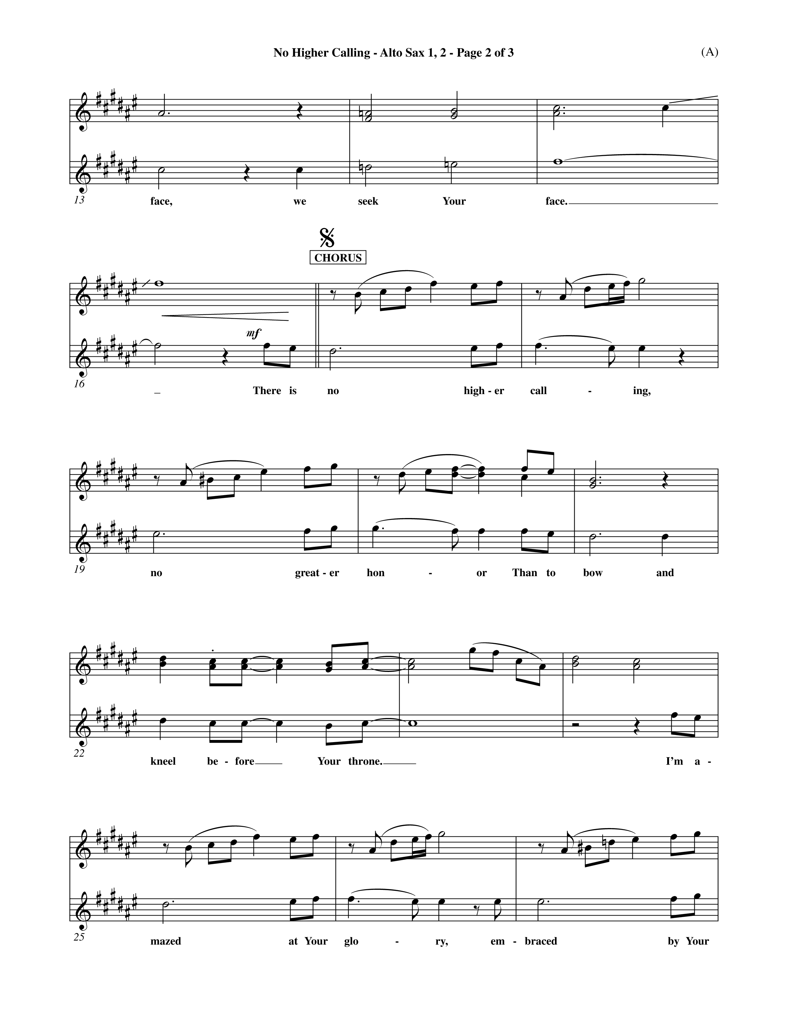 No Higher Calling (Choral Anthem SATB) Alto Sax 1/2 (Word Music Choral / Orch. Keith Wilbanks)