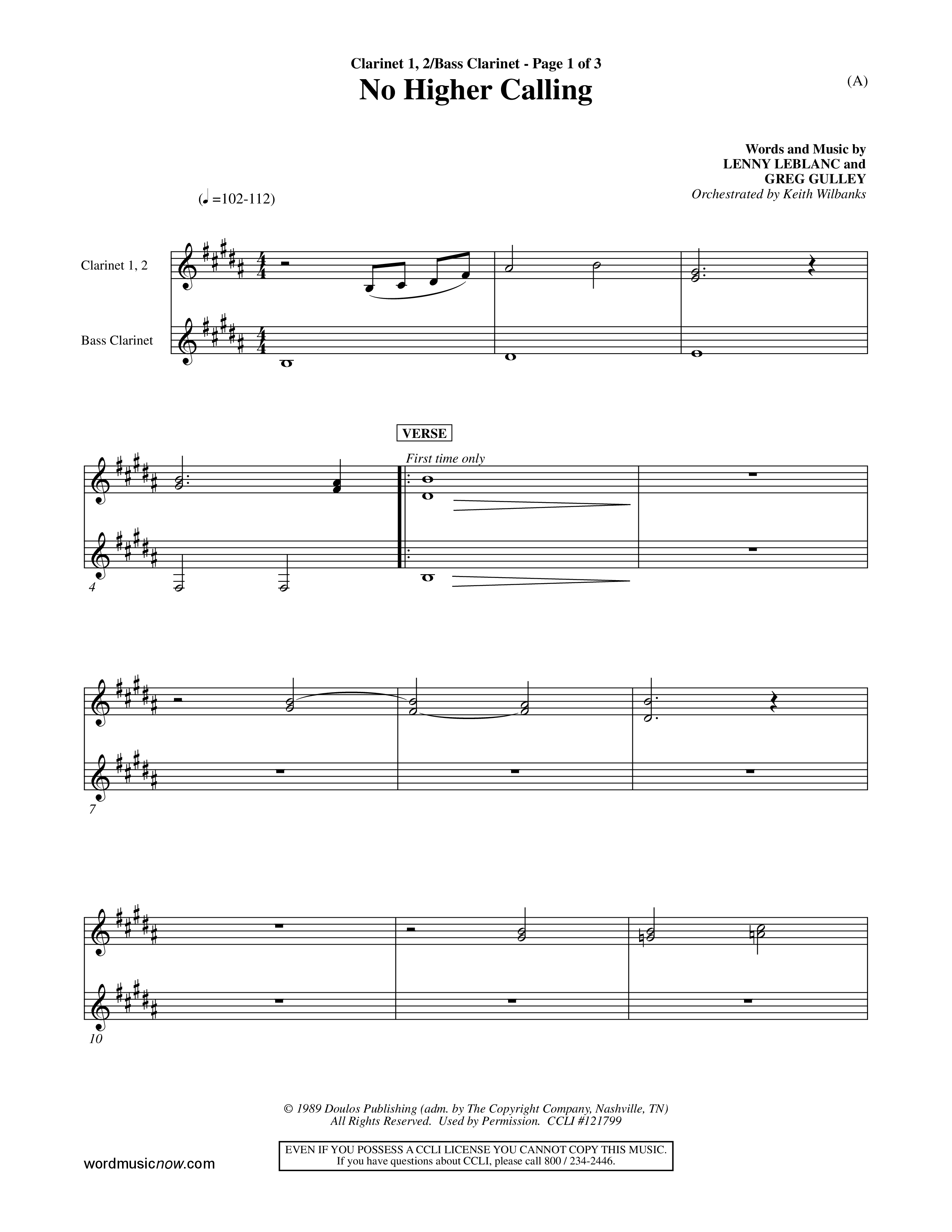 No Higher Calling (Choral Anthem SATB) Clarinet 1/2, Bass Clarinet (Word Music Choral / Orch. Keith Wilbanks)