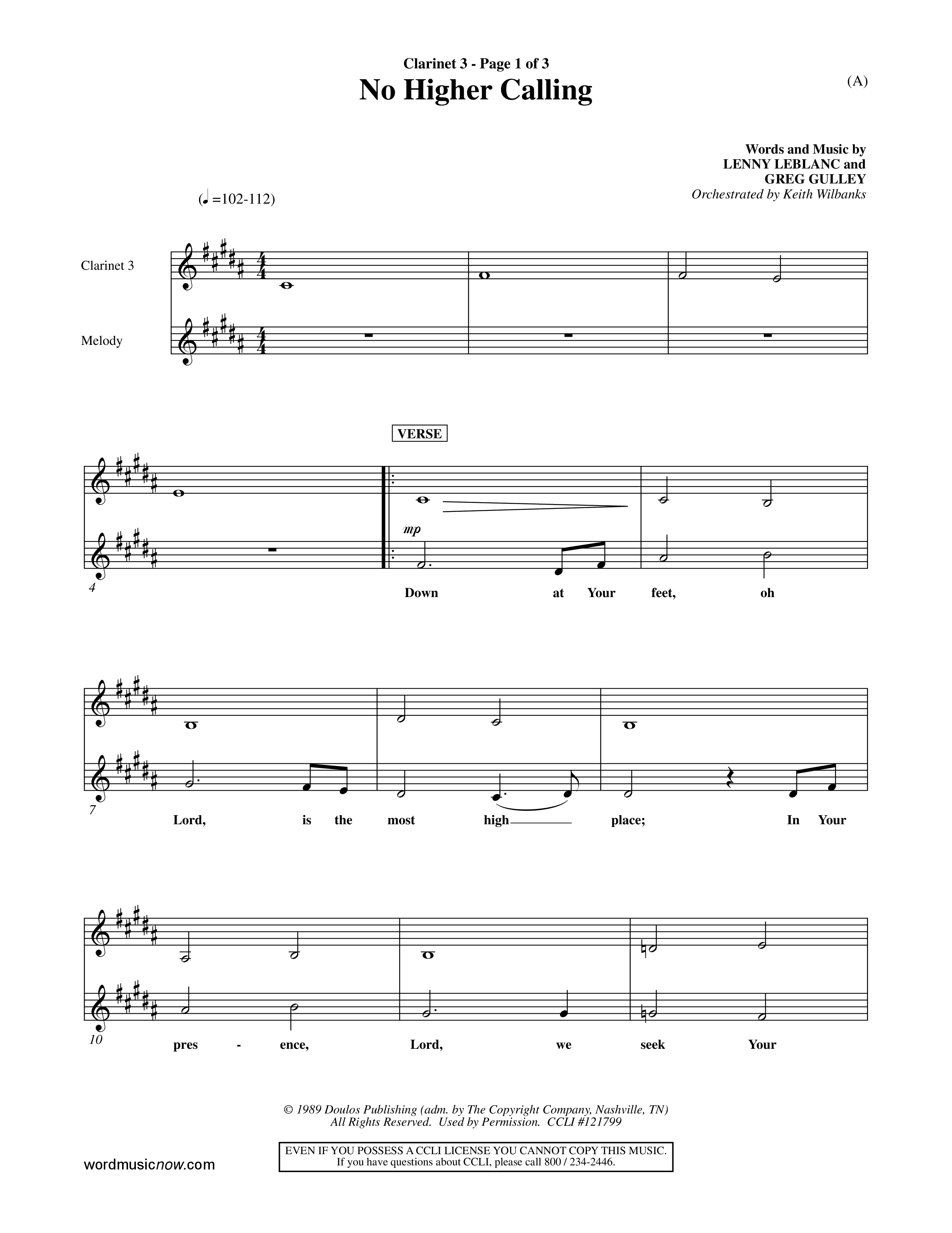 No Higher Calling (Choral Anthem SATB) Clarinet 3 (Word Music Choral / Orch. Keith Wilbanks)