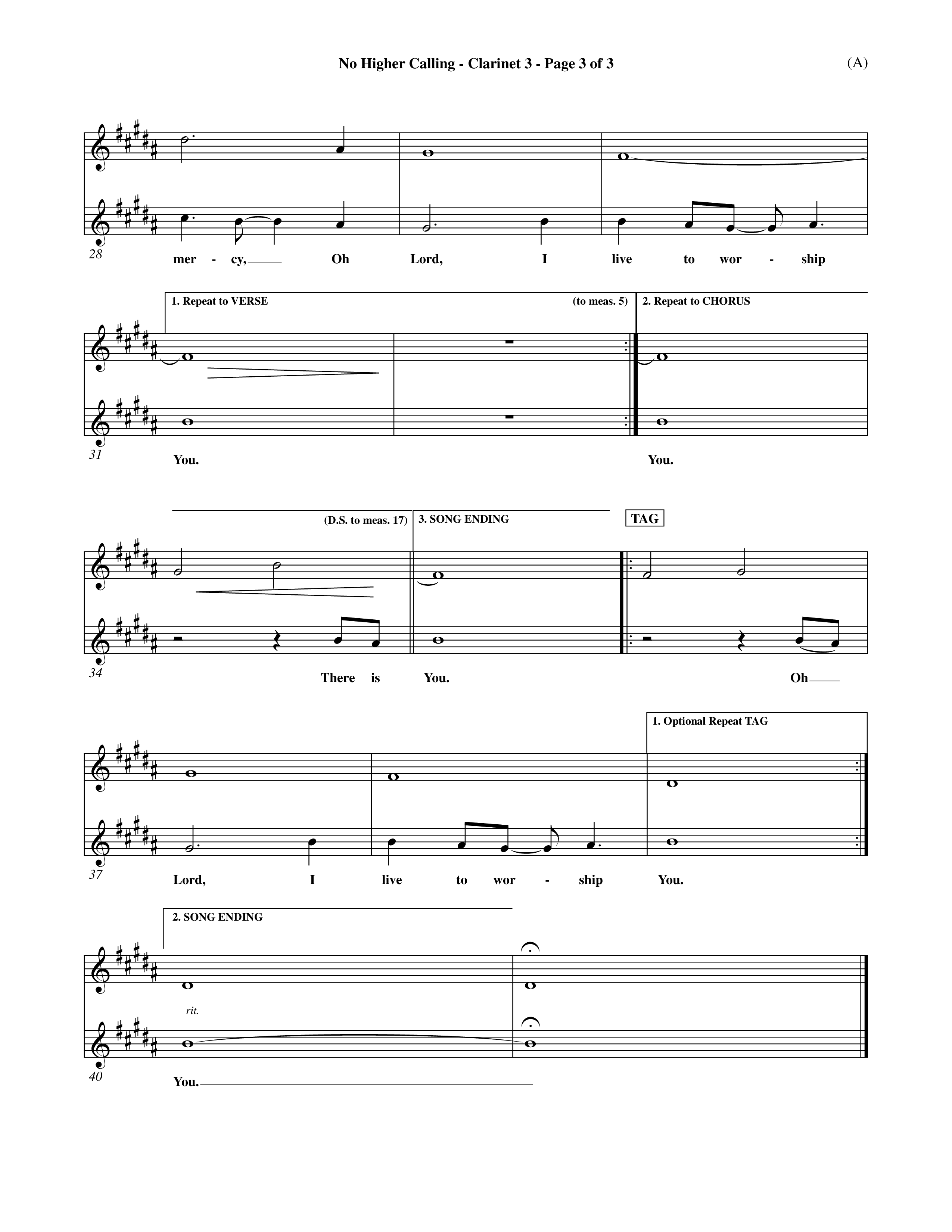 No Higher Calling (Choral Anthem SATB) Clarinet 3 (Word Music Choral / Orch. Keith Wilbanks)
