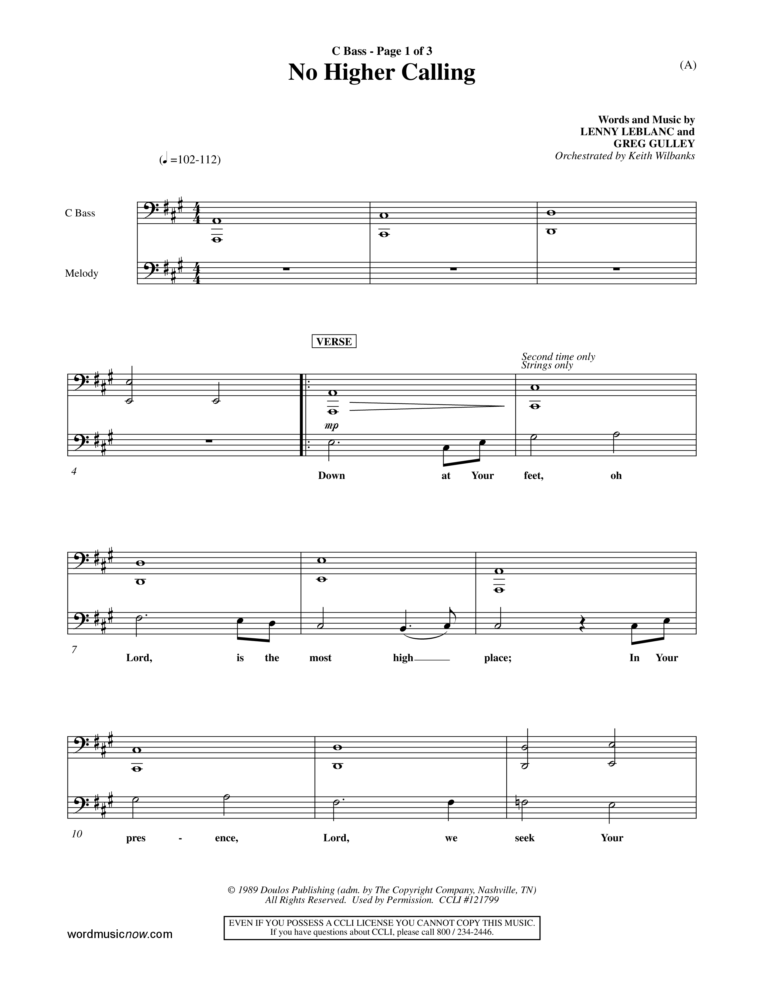 No Higher Calling (Choral Anthem SATB) Contrabass (Word Music Choral / Orch. Keith Wilbanks)