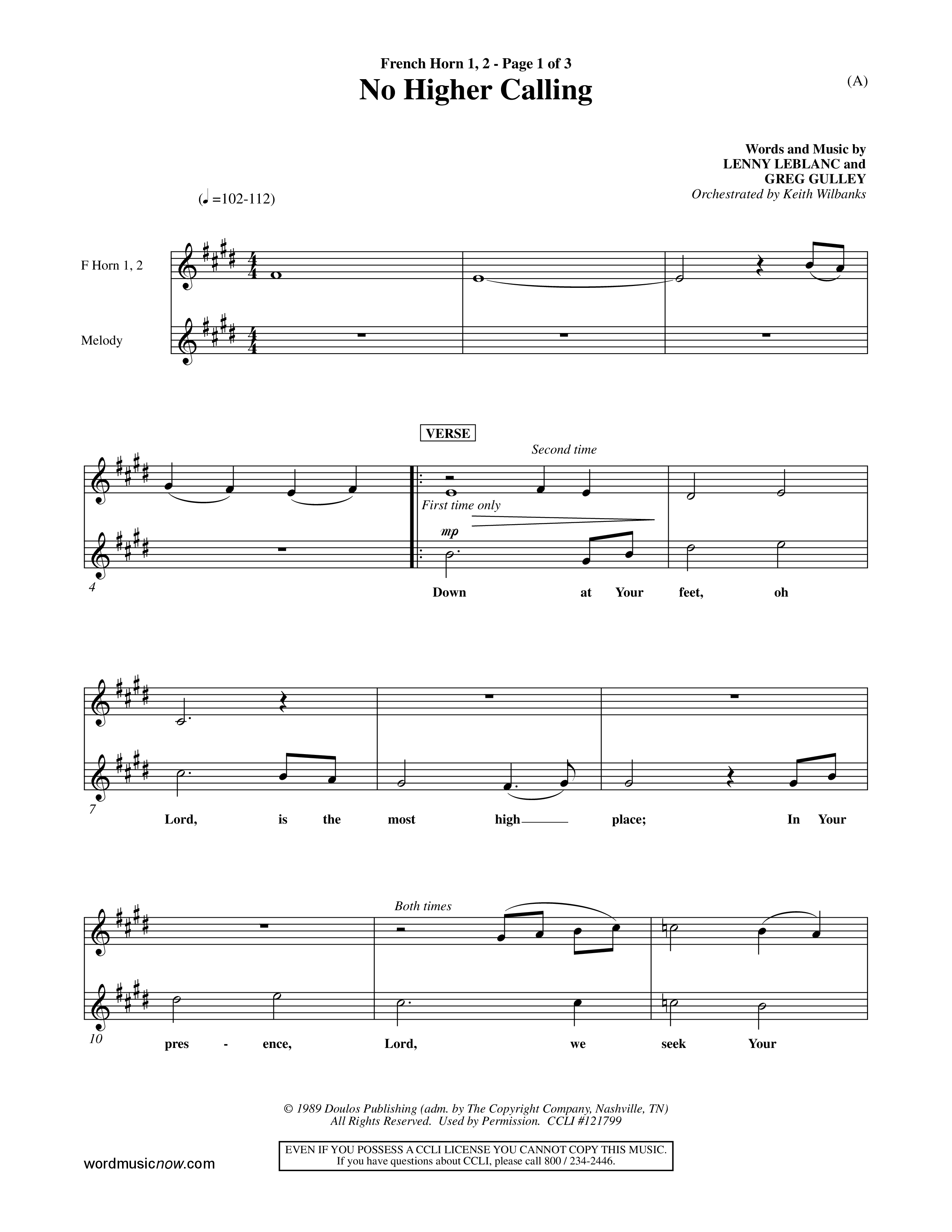 No Higher Calling (Choral Anthem SATB) French Horn (Word Music Choral / Orch. Keith Wilbanks)