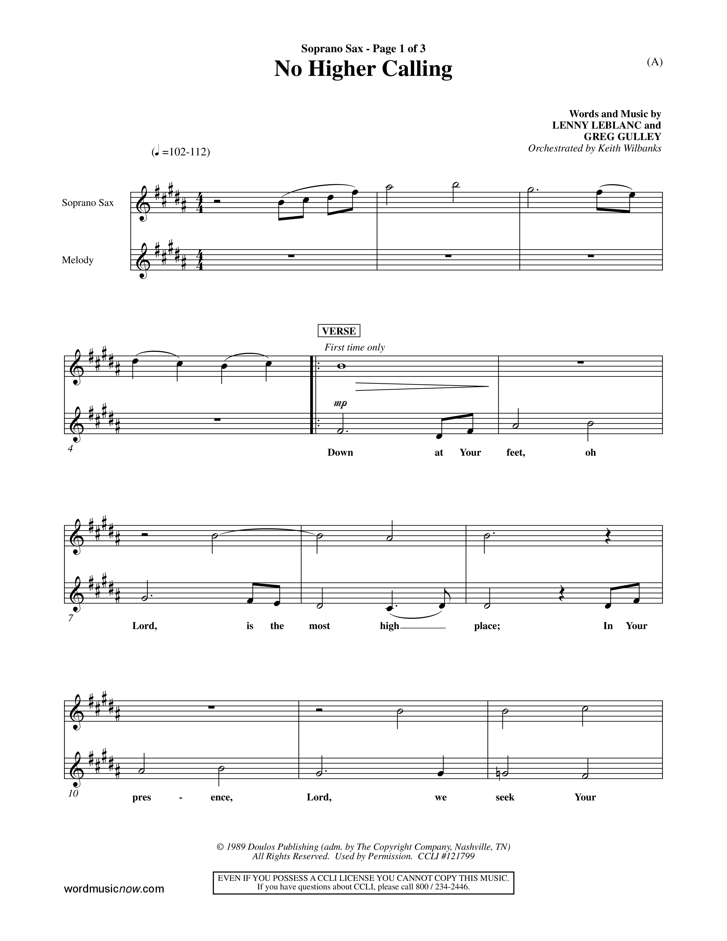 No Higher Calling (Choral Anthem SATB) Saxophone (Word Music Choral / Orch. Keith Wilbanks)