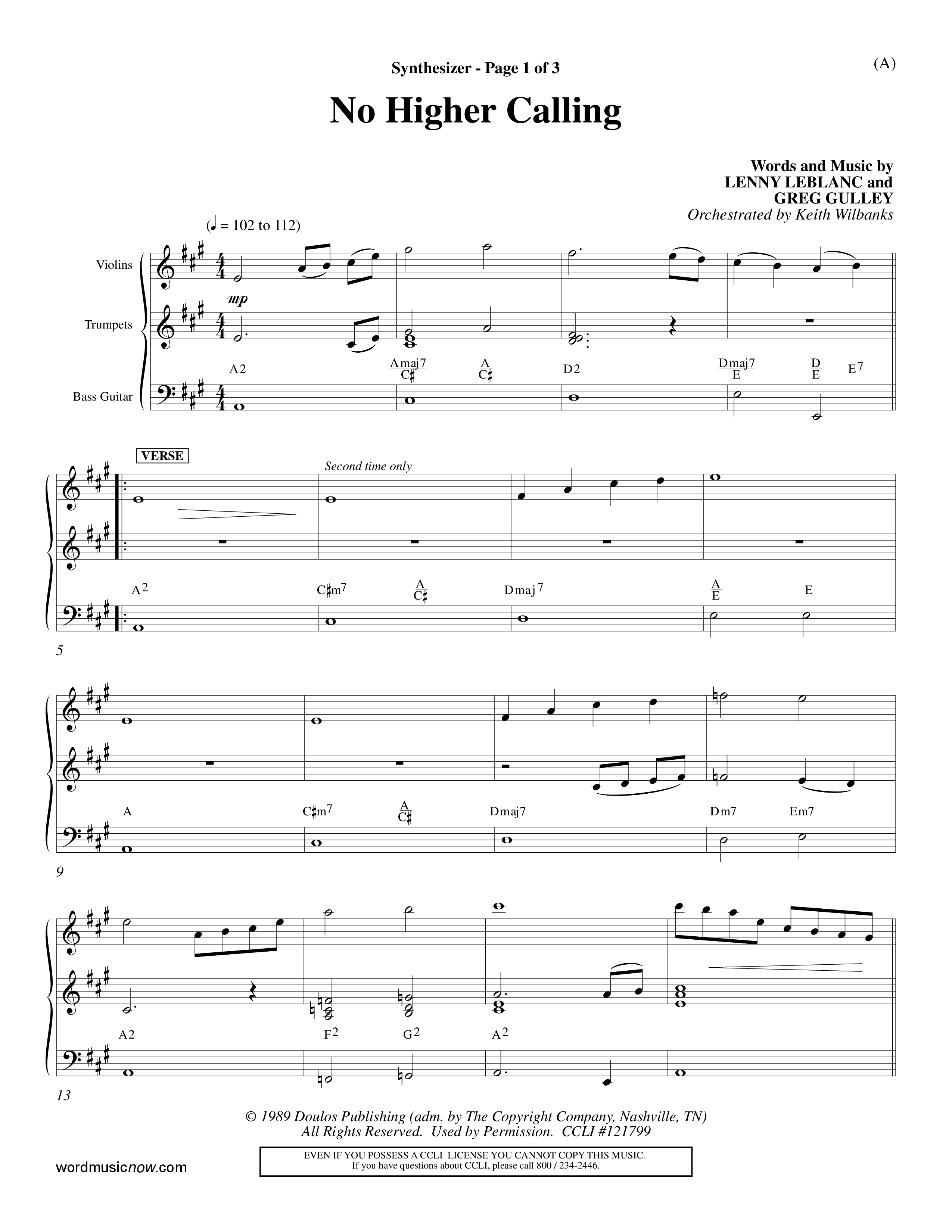 No Higher Calling (Choral Anthem SATB) Synth (Word Music Choral / Orch. Keith Wilbanks)