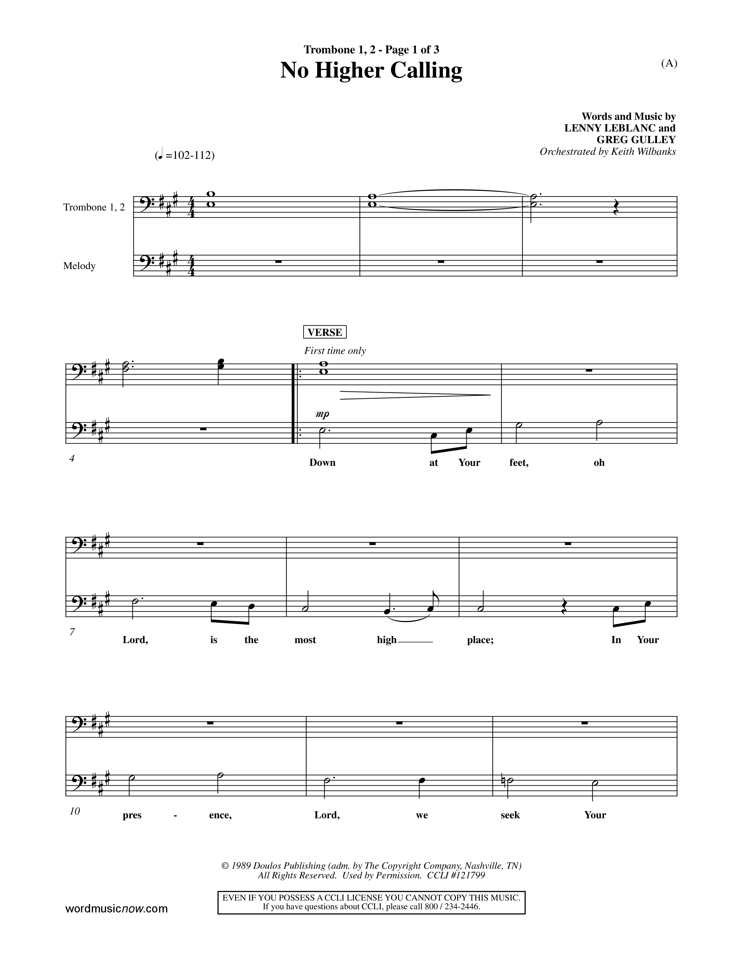 No Higher Calling (Choral Anthem SATB) Trombone 1/2 (Word Music Choral / Orch. Keith Wilbanks)
