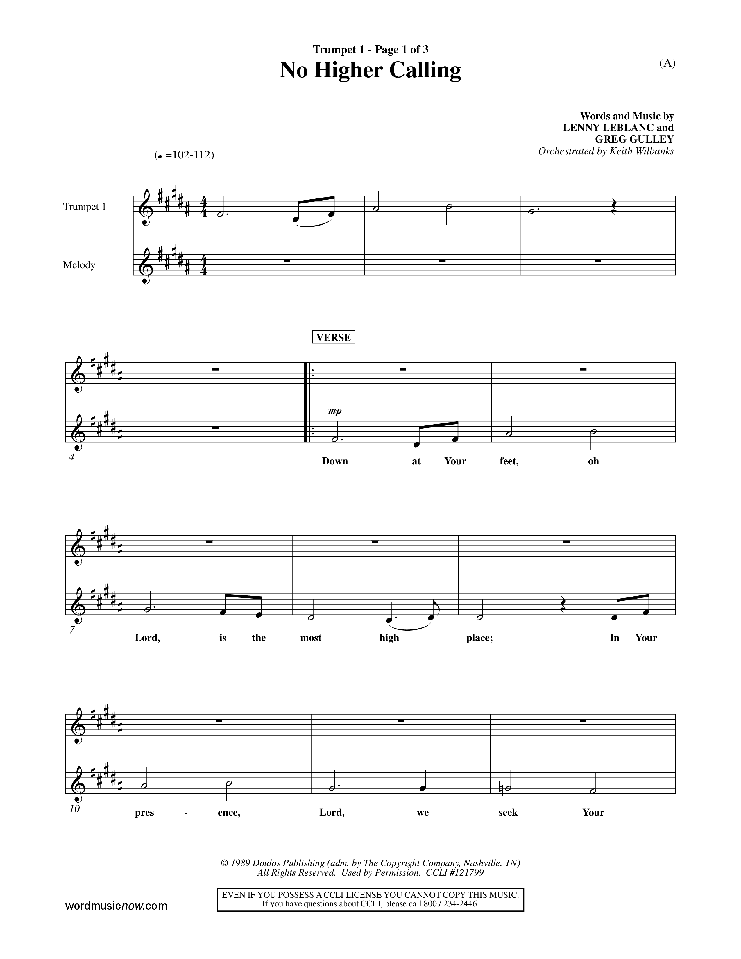 No Higher Calling (Choral Anthem SATB) Trumpet 1 (Word Music Choral / Orch. Keith Wilbanks)