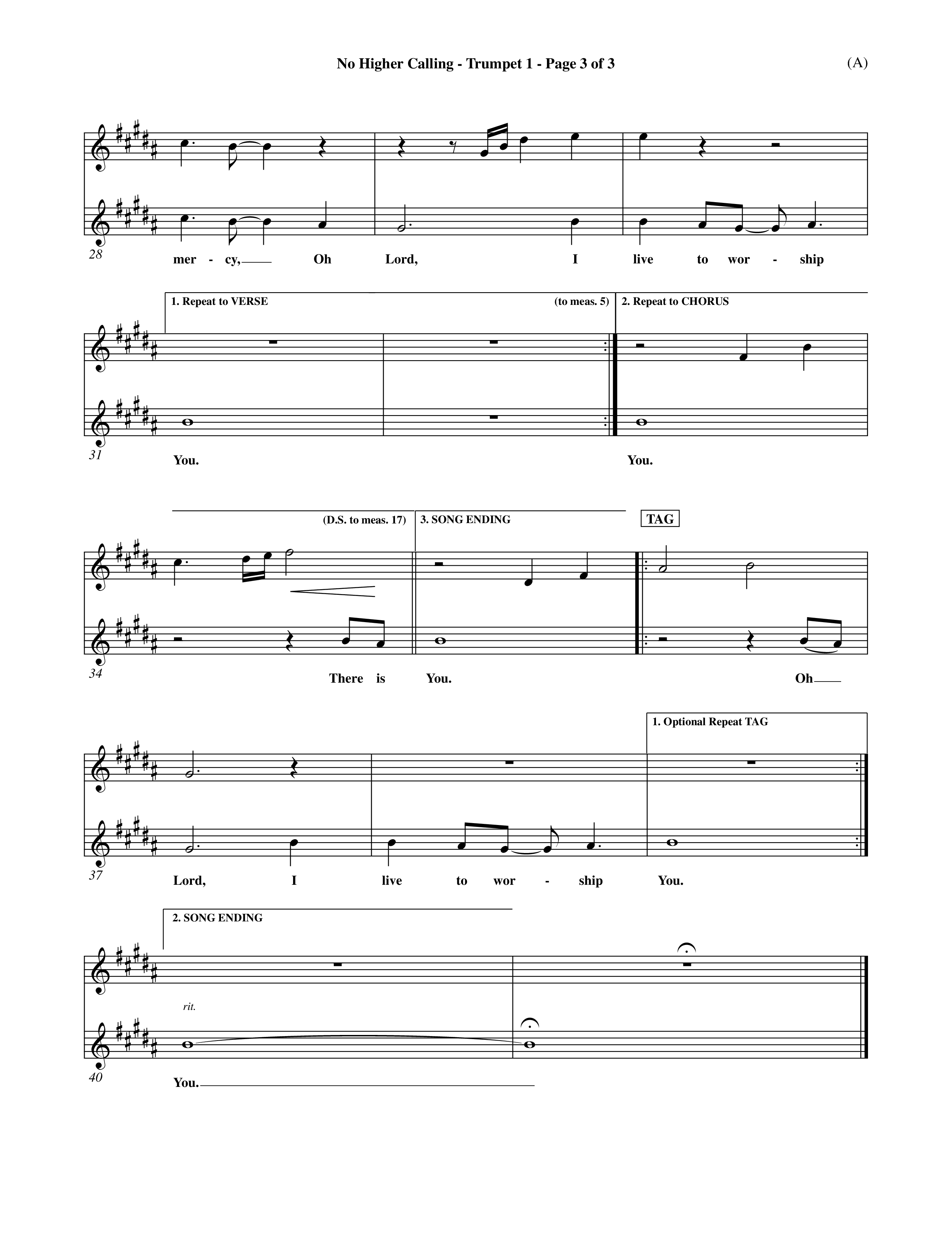 No Higher Calling (Choral Anthem SATB) Trumpet 1 (Word Music Choral / Orch. Keith Wilbanks)