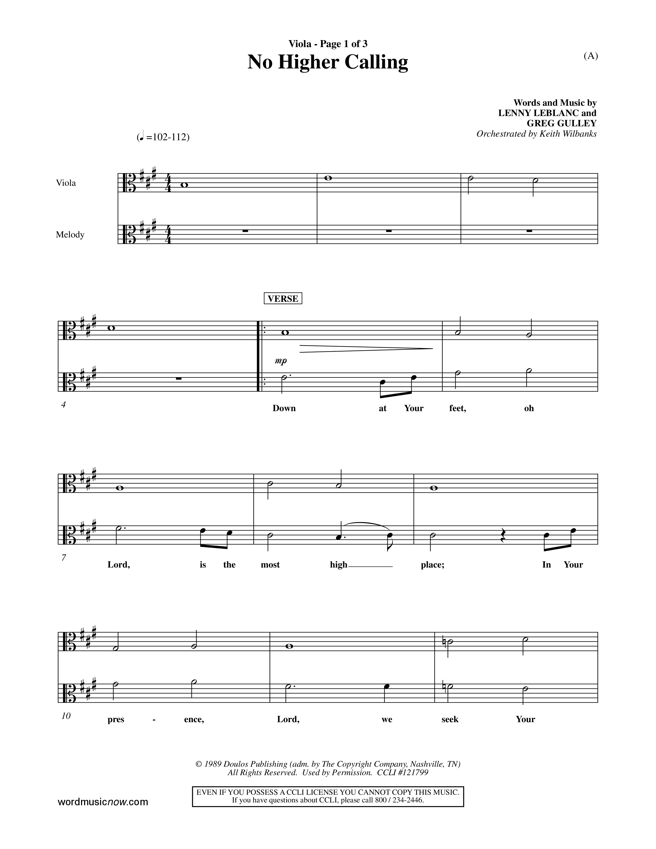 No Higher Calling (Choral Anthem SATB) Viola (Word Music Choral / Orch. Keith Wilbanks)