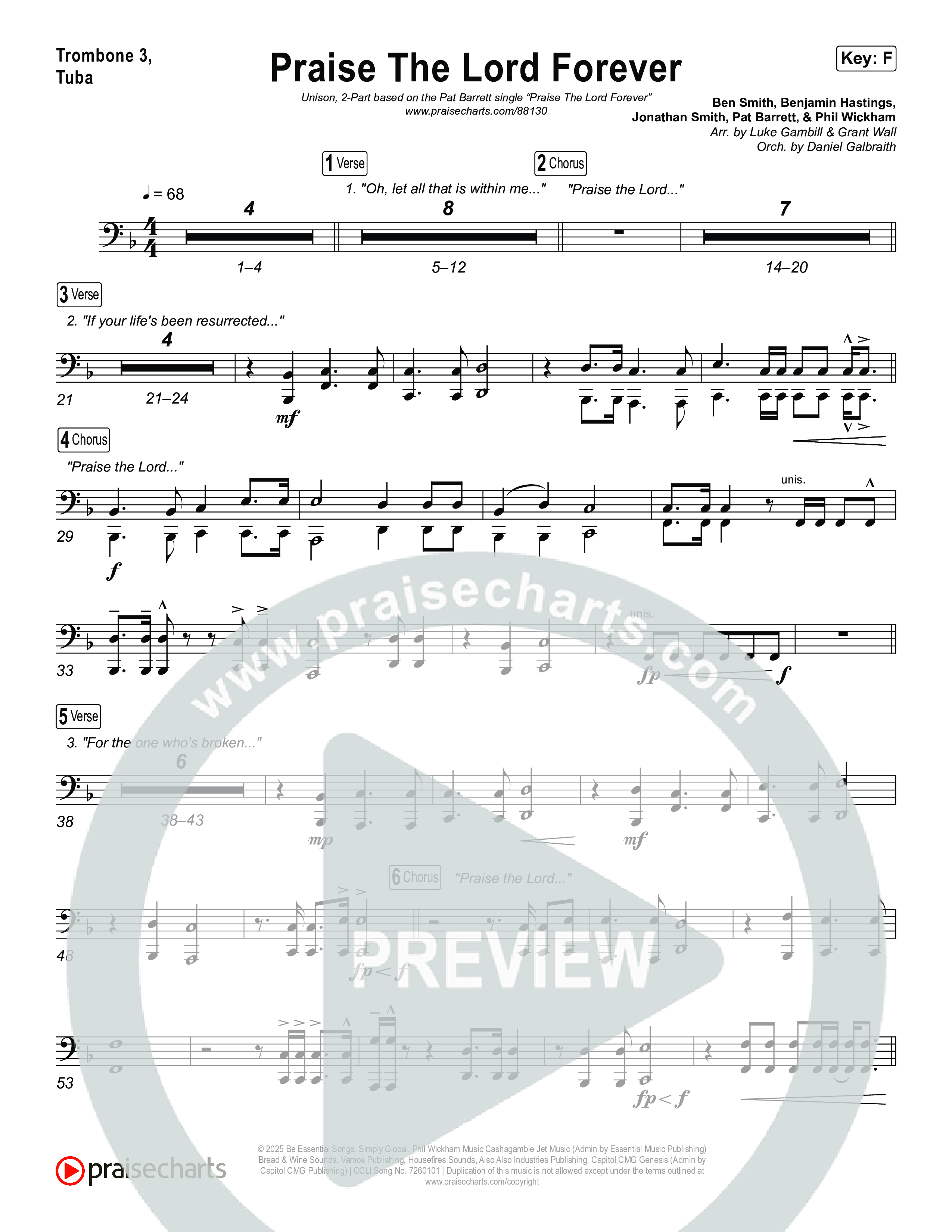 Praise The Lord Forever (Unison/2-Part) Trombone 3/Tuba (Pat Barrett / Arr. Luke Gambill)