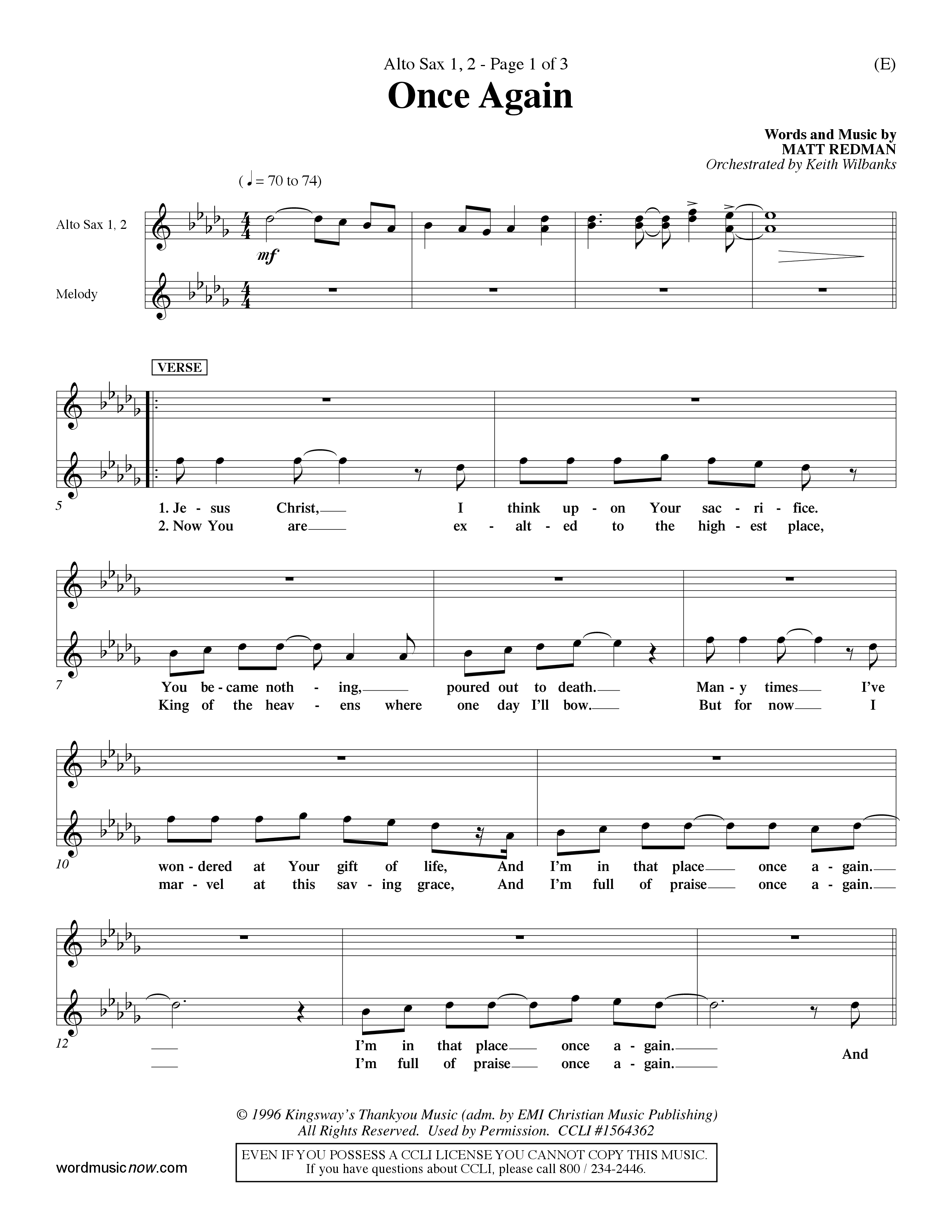 Once Again (Choral Anthem SATB) Alto Sax 1/2 (Word Music Choral / Orch. Keith Wilbanks)
