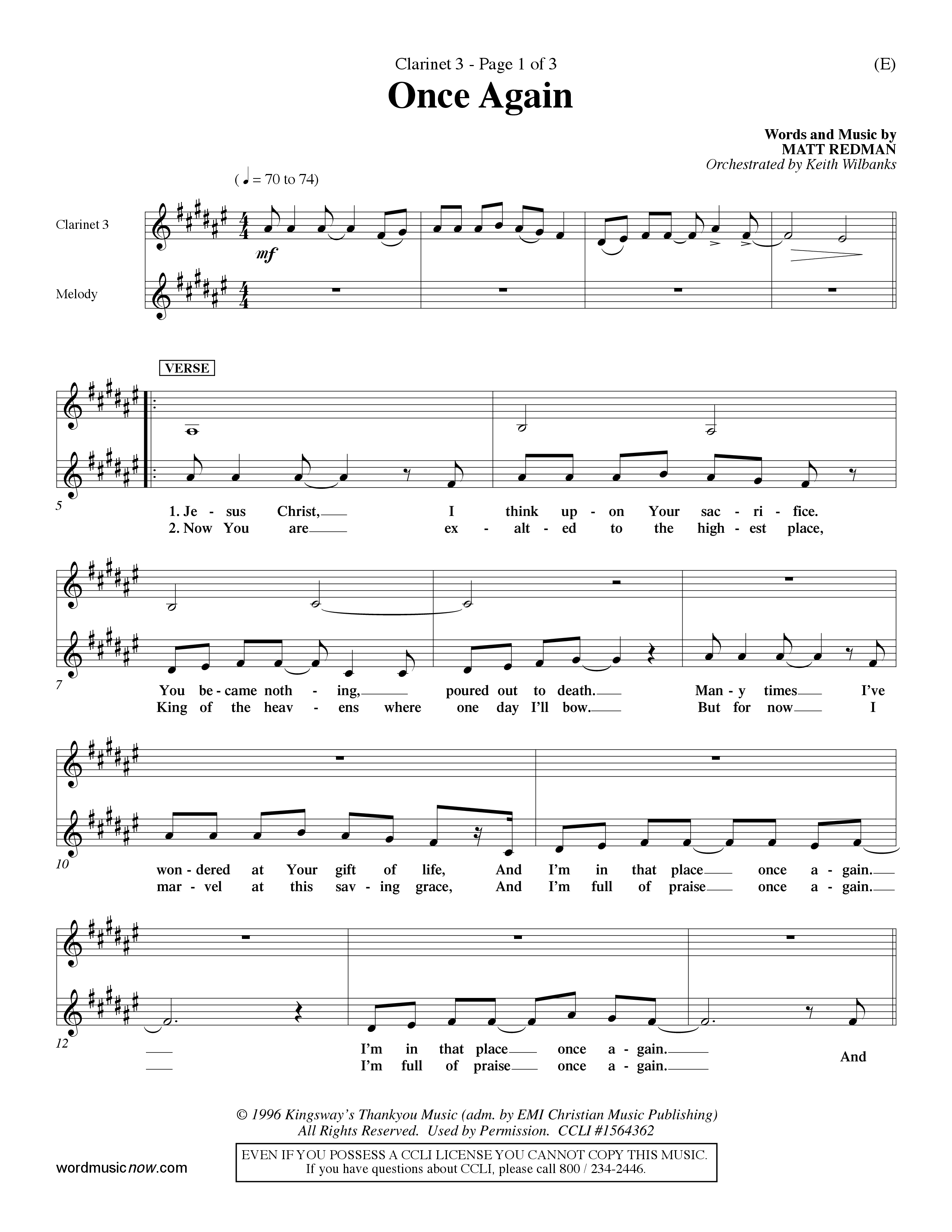 Once Again (Choral Anthem SATB) Clarinet 3 (Word Music Choral / Orch. Keith Wilbanks)