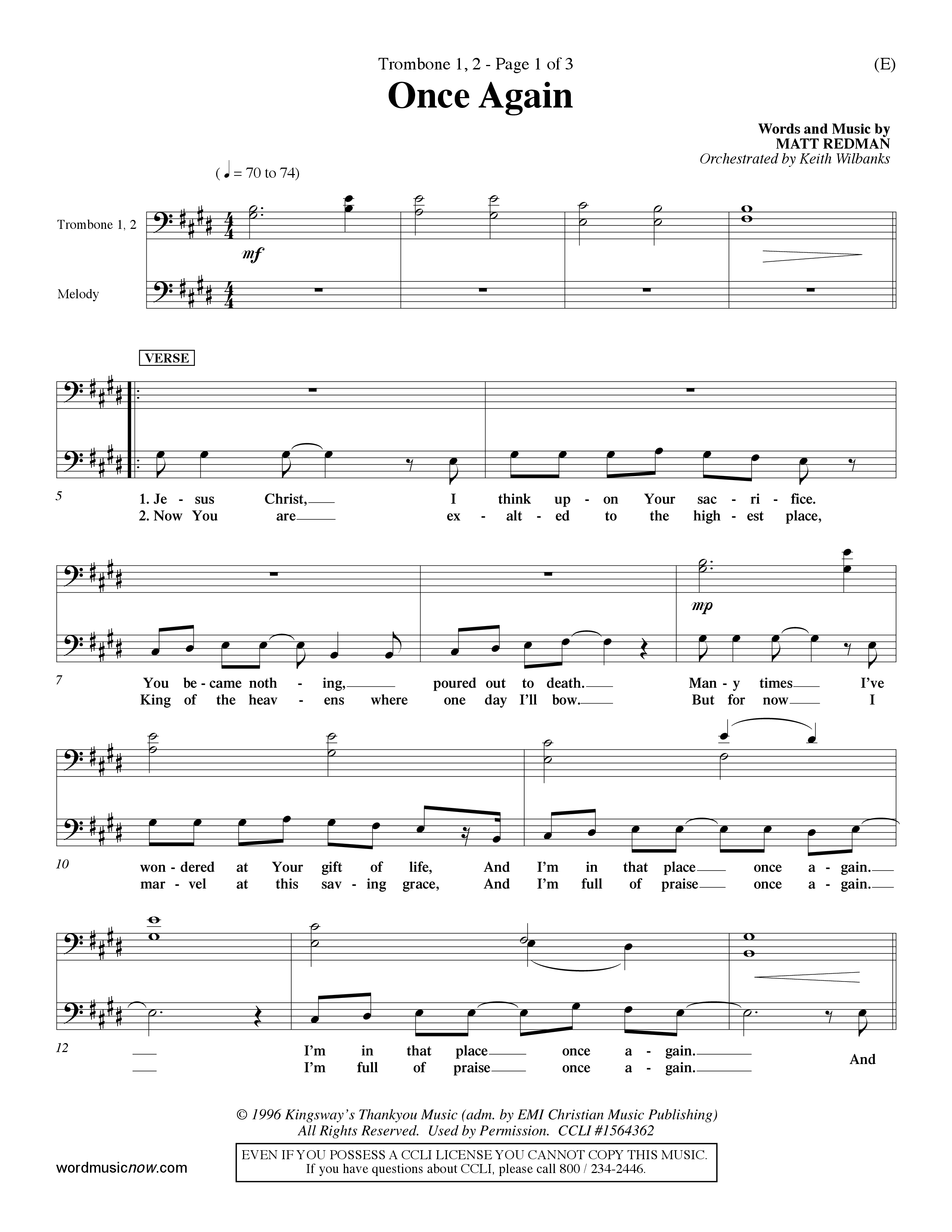 Once Again (Choral Anthem SATB) Trombone 1/2 (Word Music Choral / Orch. Keith Wilbanks)