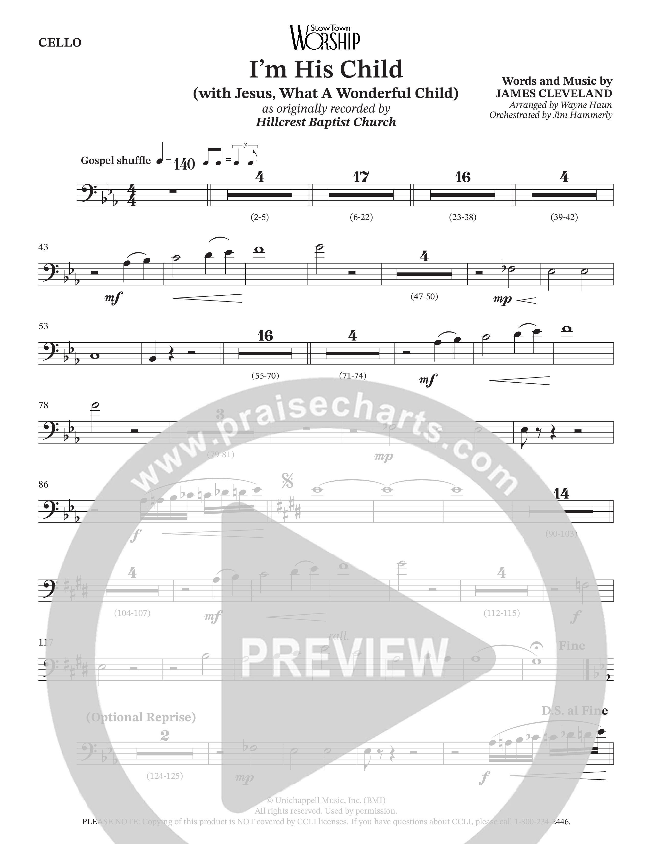 I'm His Child (with Jesus What A Wonderful Child) (Choral Anthem SATB) Cello (Hillcrest Nashville / Arr. Wayne Haun / Orch. Jim Hammerly)