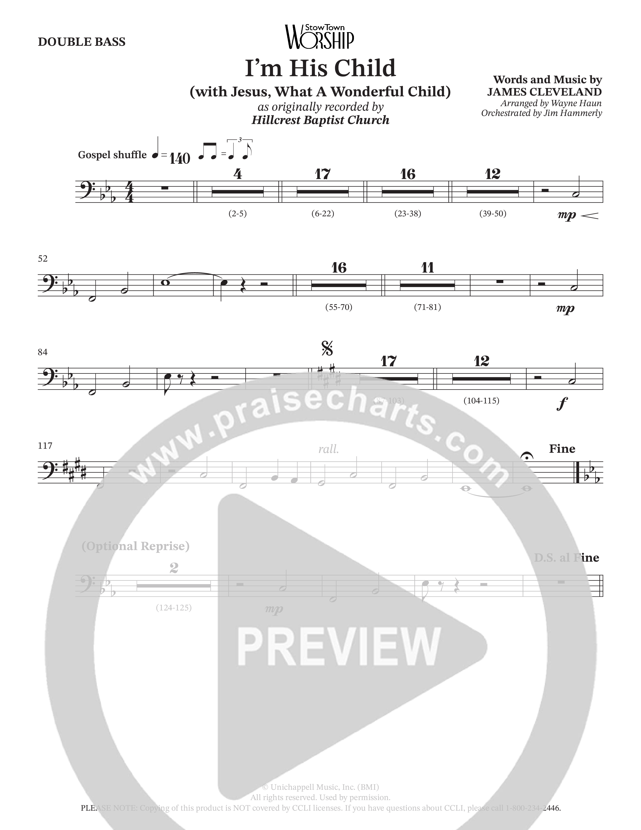 I'm His Child (with Jesus What A Wonderful Child) (Choral Anthem SATB) Double Bass (Hillcrest Nashville / Arr. Wayne Haun / Orch. Jim Hammerly)
