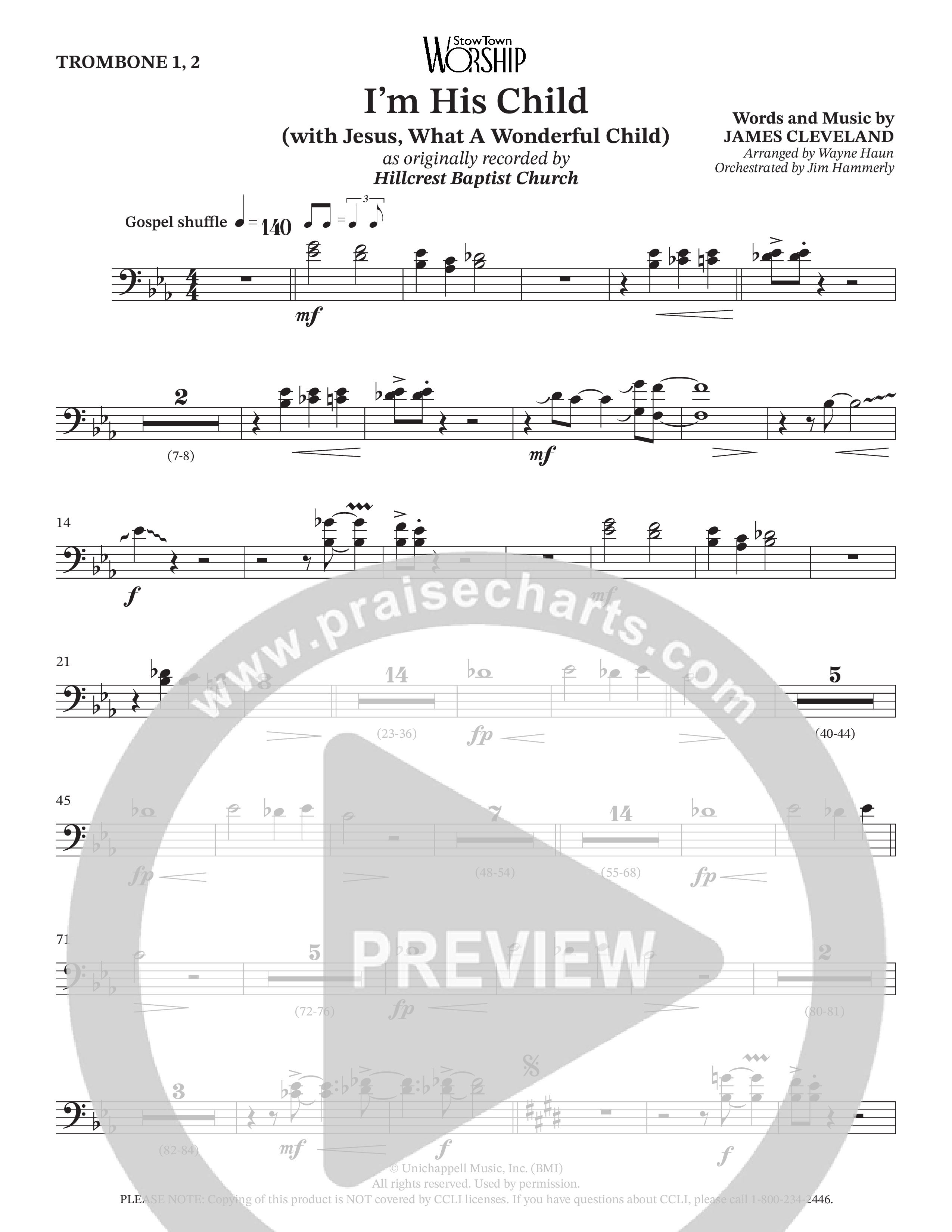 I'm His Child (with Jesus What A Wonderful Child) (Choral Anthem SATB) Trombone 1/2 (Hillcrest Nashville / Arr. Wayne Haun / Orch. Jim Hammerly)