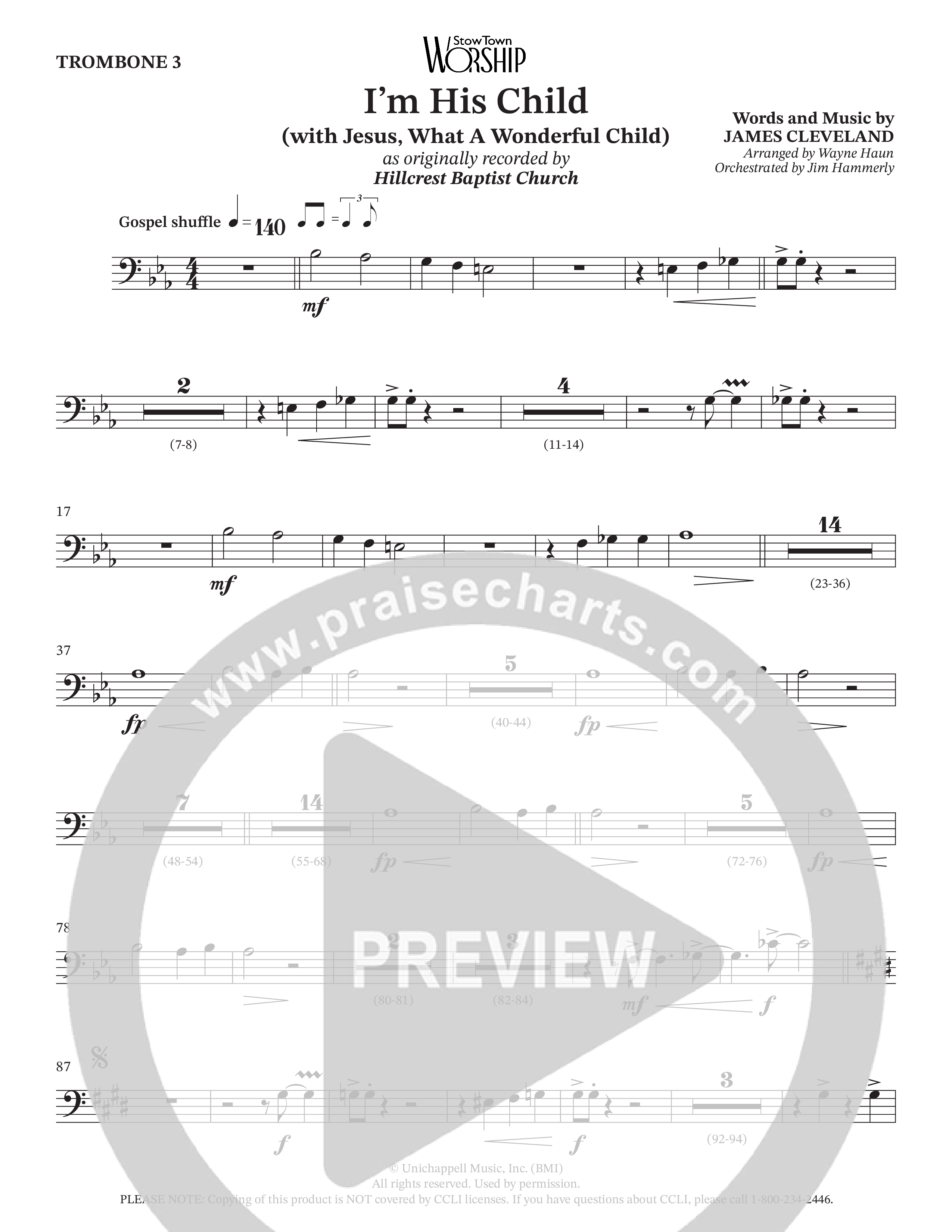 I'm His Child (with Jesus What A Wonderful Child) (Choral Anthem SATB) Trombone 3 (Hillcrest Nashville / Arr. Wayne Haun / Orch. Jim Hammerly)