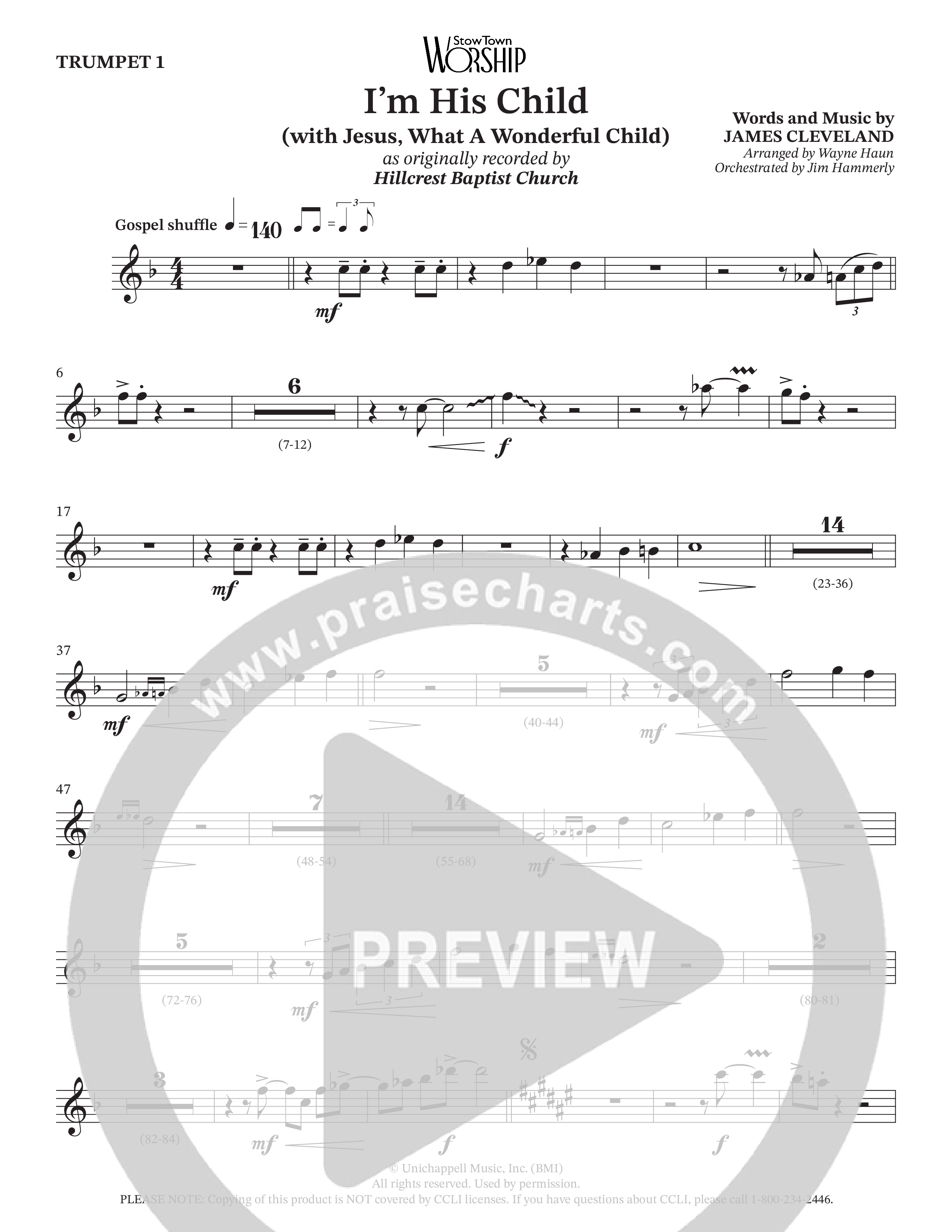 I'm His Child (with Jesus What A Wonderful Child) (Choral Anthem SATB) Trumpet 3 (Hillcrest Nashville / Arr. Wayne Haun / Orch. Jim Hammerly)