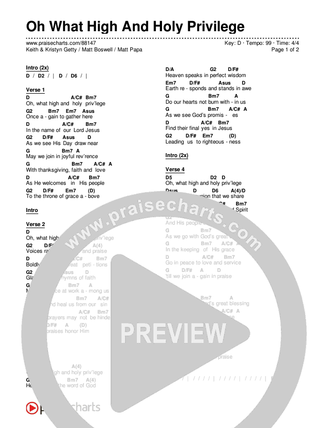 Oh What High And Holy Privilege Chords & Lyrics (Keith & Kristyn Getty / Matt Boswell / Matt Papa)