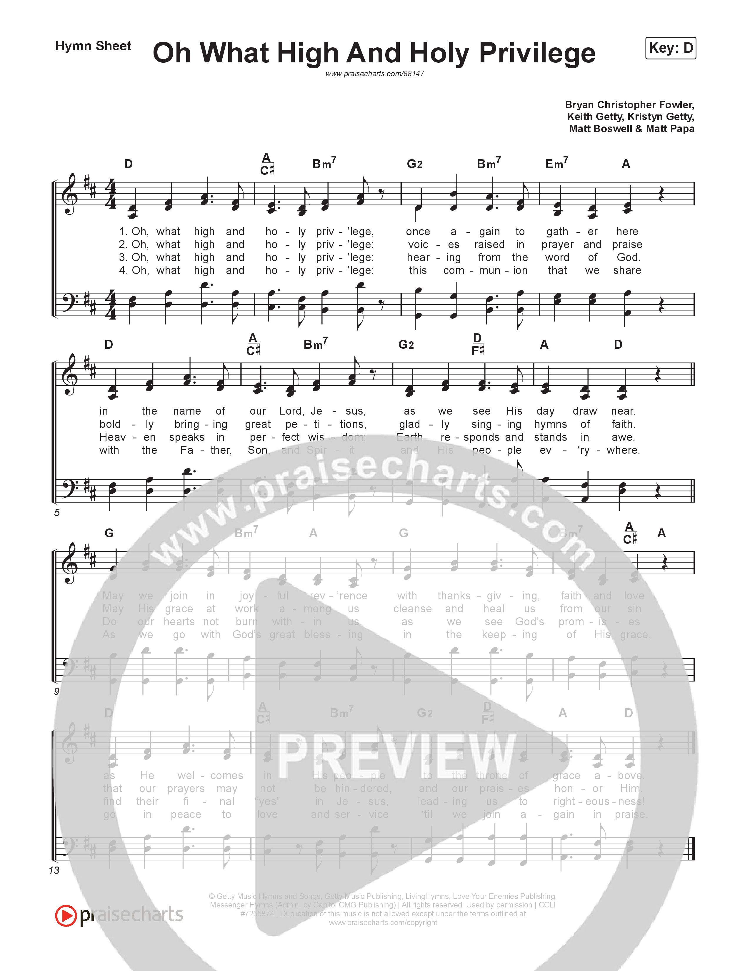 Oh What High And Holy Privilege Hymn Sheet (Keith & Kristyn Getty / Matt Boswell / Matt Papa)