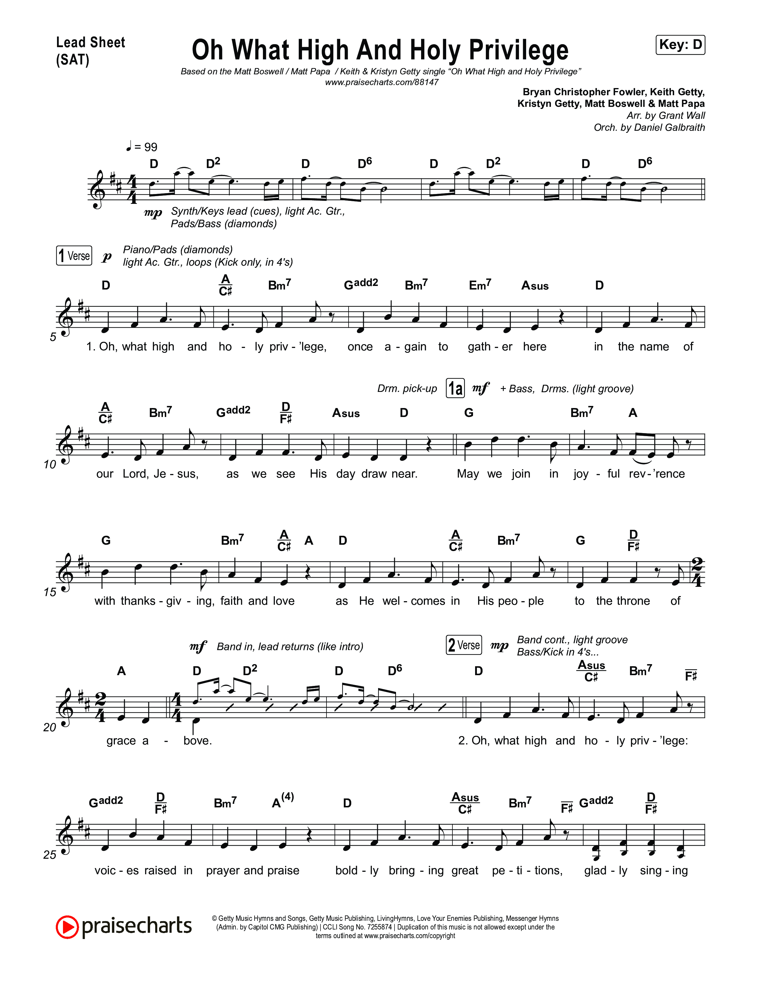 Oh What High And Holy Privilege Lead Sheet (SAT) (Keith & Kristyn Getty / Matt Boswell / Matt Papa)