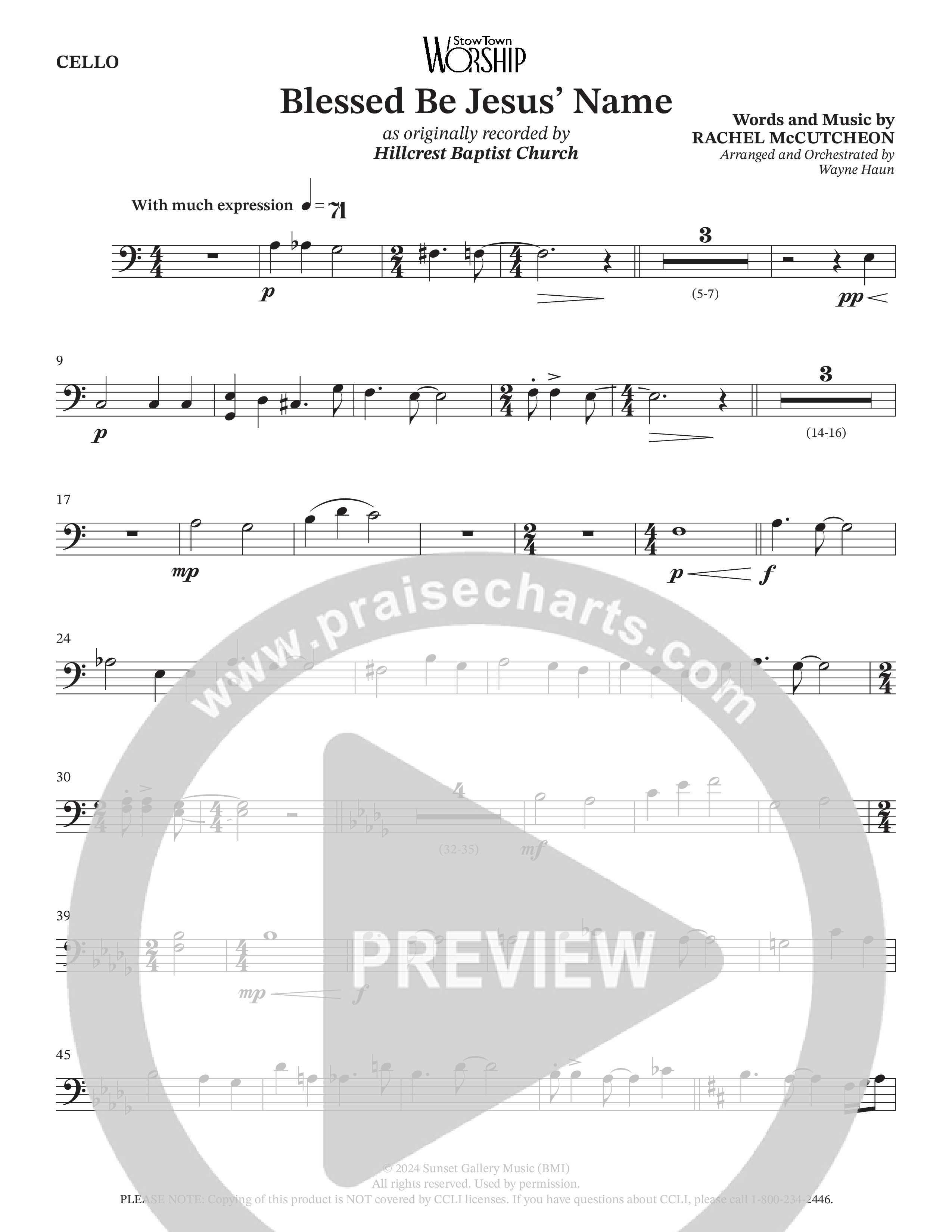 Blessed Be Jesus' Name (Choral Anthem SATB) Cello (Hillcrest Nashville / Arr. Wayne Haun)