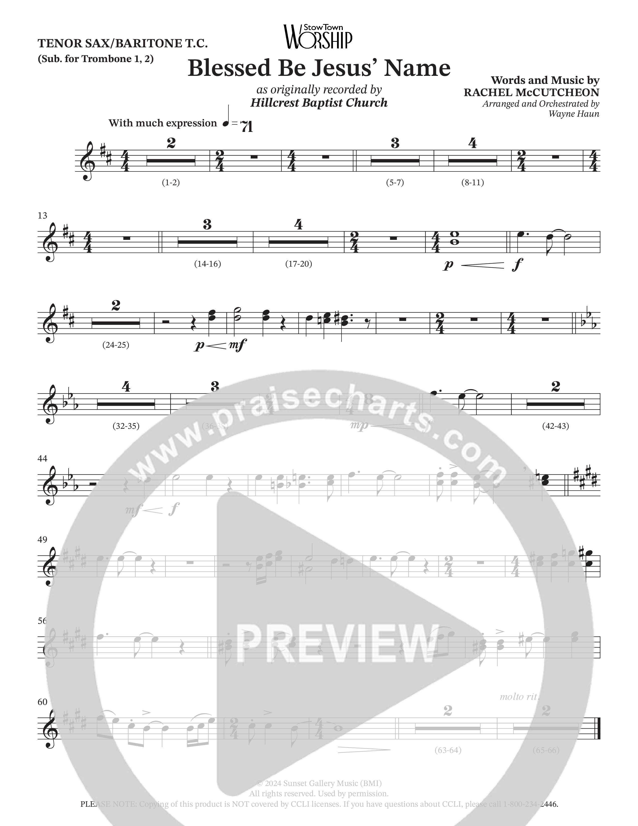 Blessed Be Jesus' Name (Choral Anthem SATB) Tenor Sax/Baritone T.C. (Hillcrest Nashville / Arr. Wayne Haun)