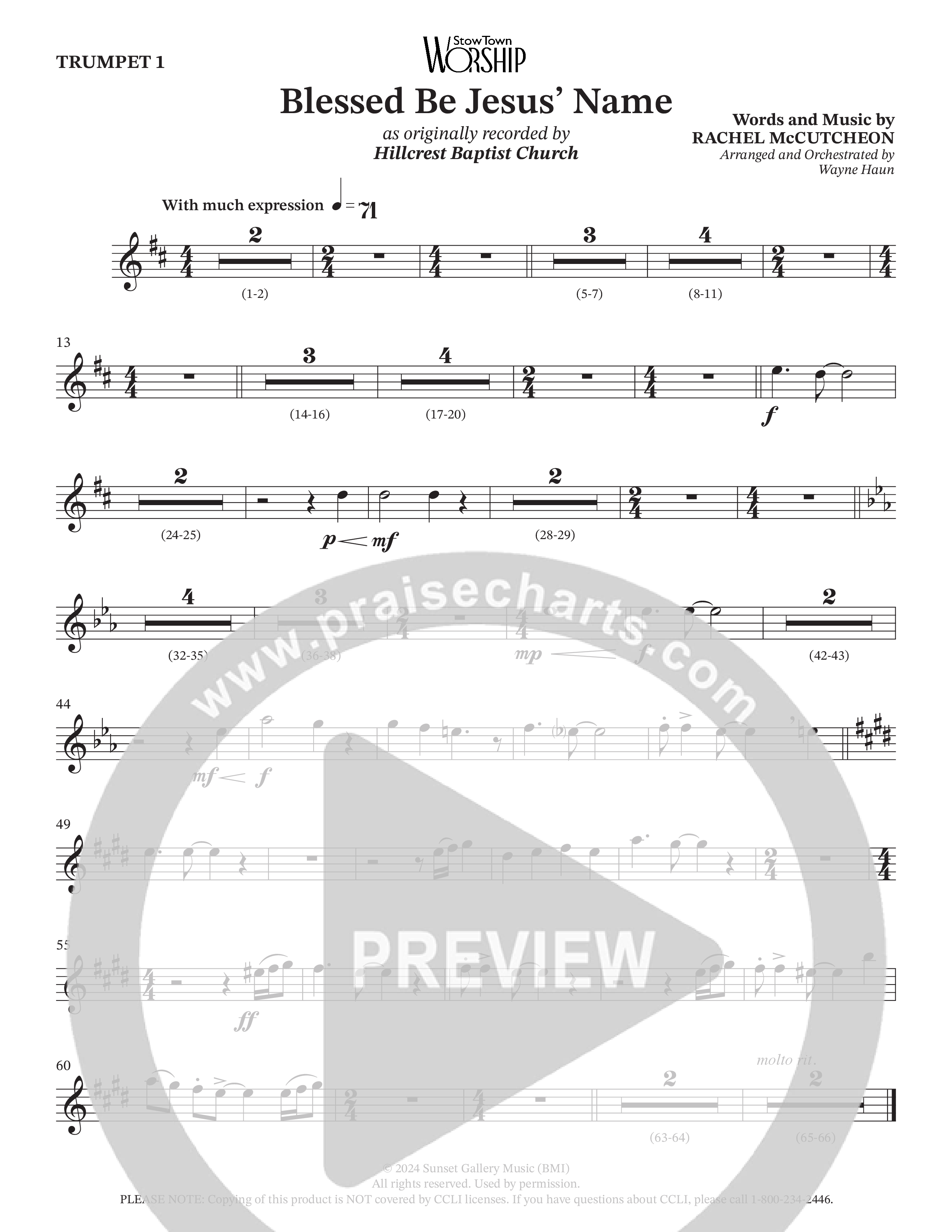 Blessed Be Jesus' Name (Choral Anthem SATB) Trumpet 1 (Hillcrest Nashville / Arr. Wayne Haun)