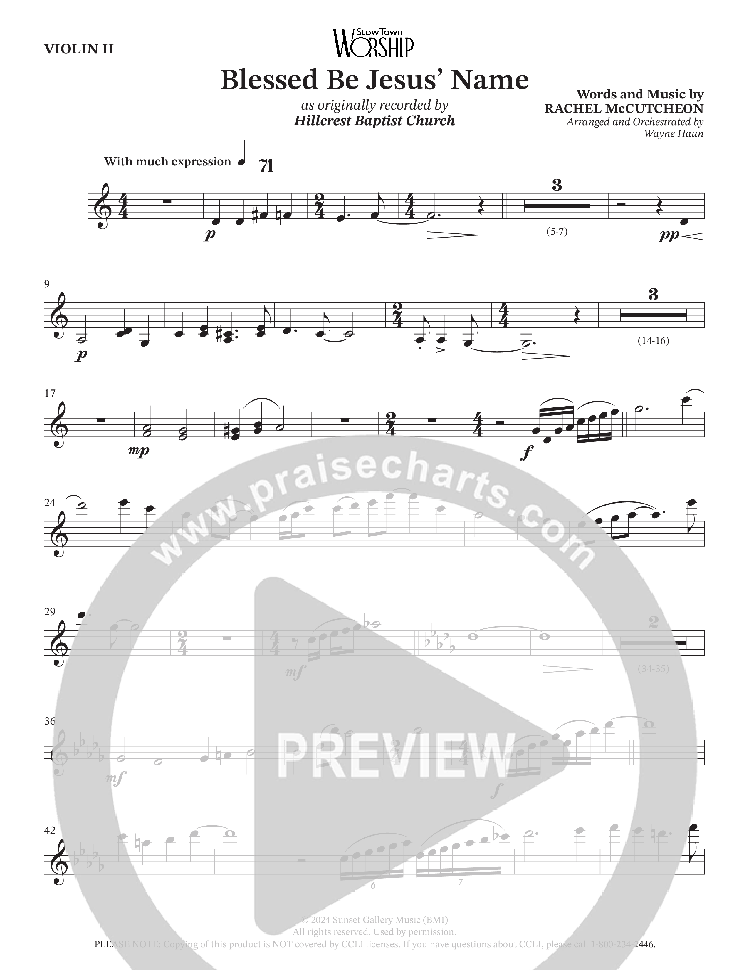 Blessed Be Jesus' Name (Choral Anthem SATB) Violin 2 (Hillcrest Nashville / Arr. Wayne Haun)