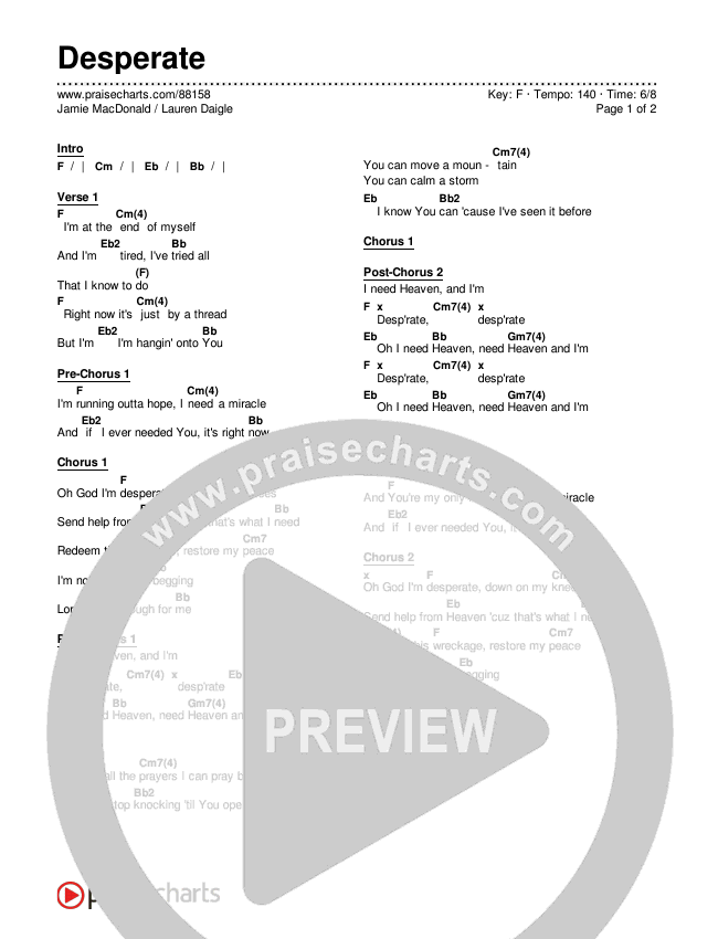 Desperate Chords & Lyrics (Jamie MacDonald / Lauren Daigle)