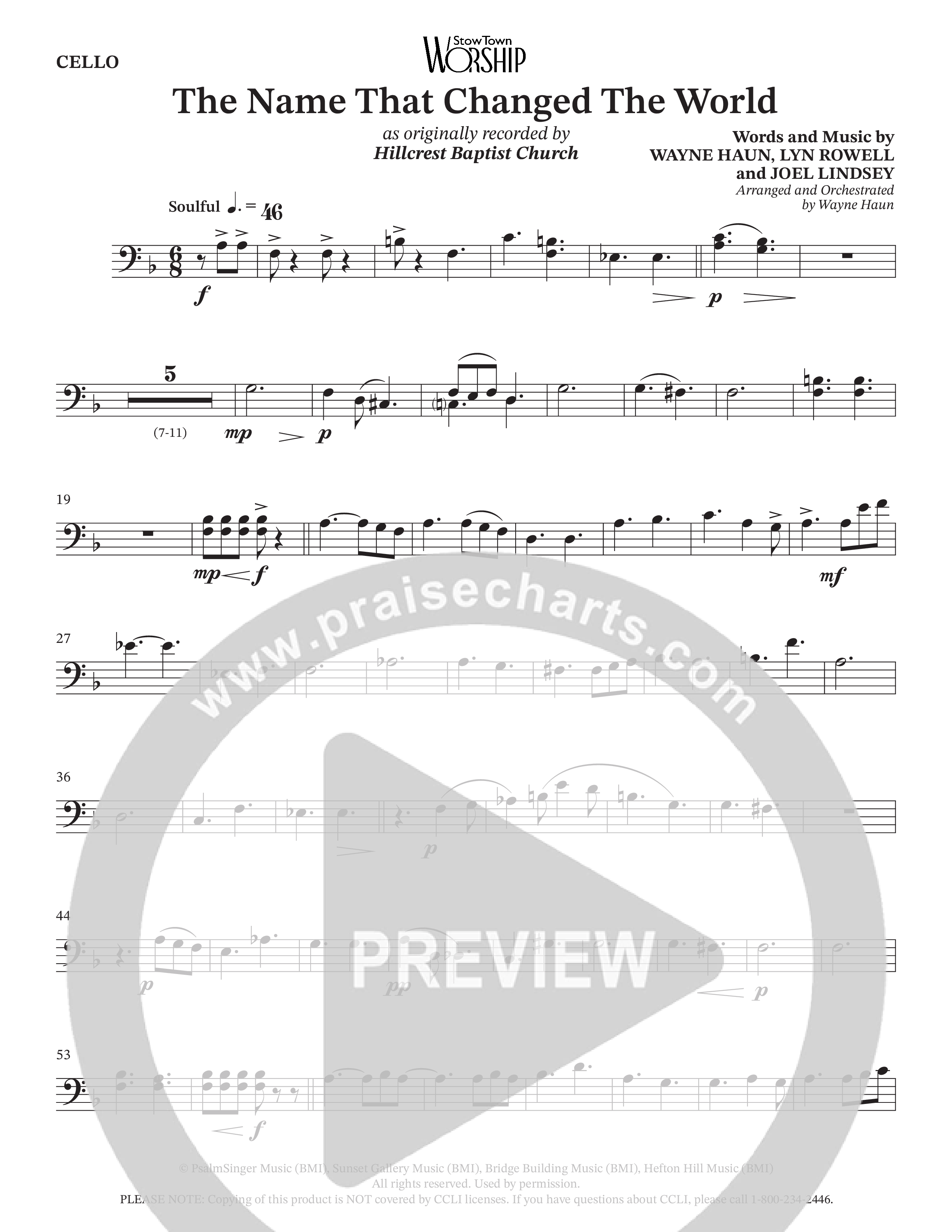 The Name That Changed The World (Choral Anthem SATB) Cello (Hillcrest Nashville / Arr. Wayne Haun)