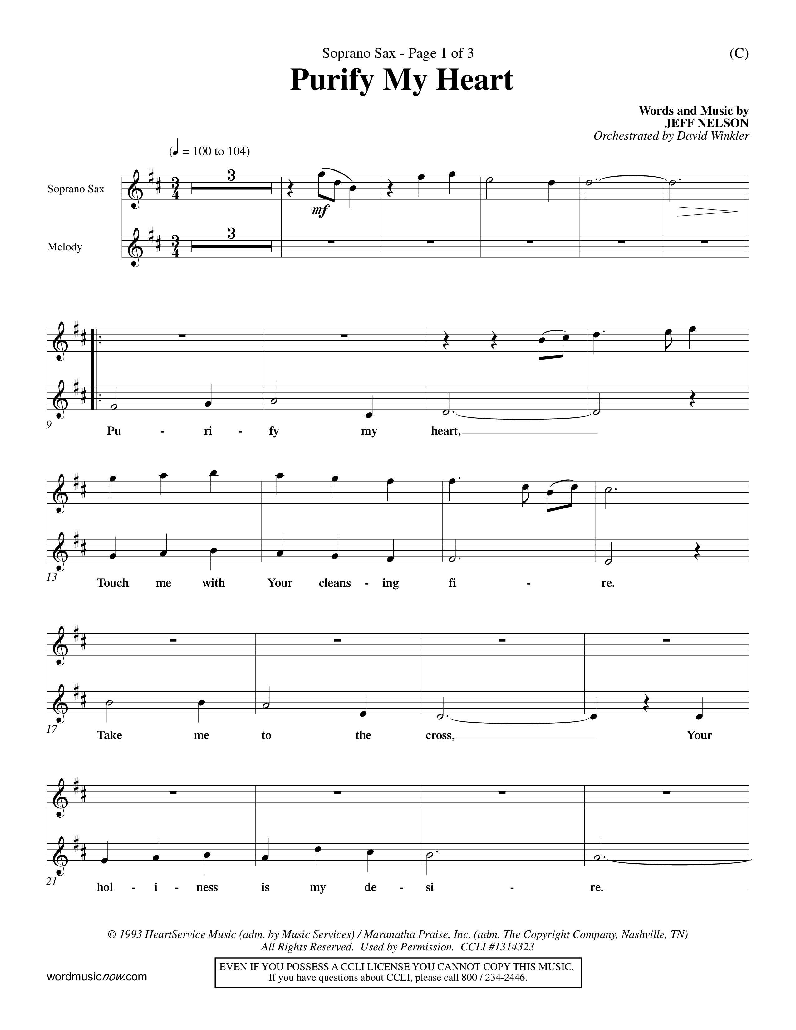 Purify My Heart (Choral Anthem SATB) Saxophone (Word Music Choral / Orch. David Winkler)
