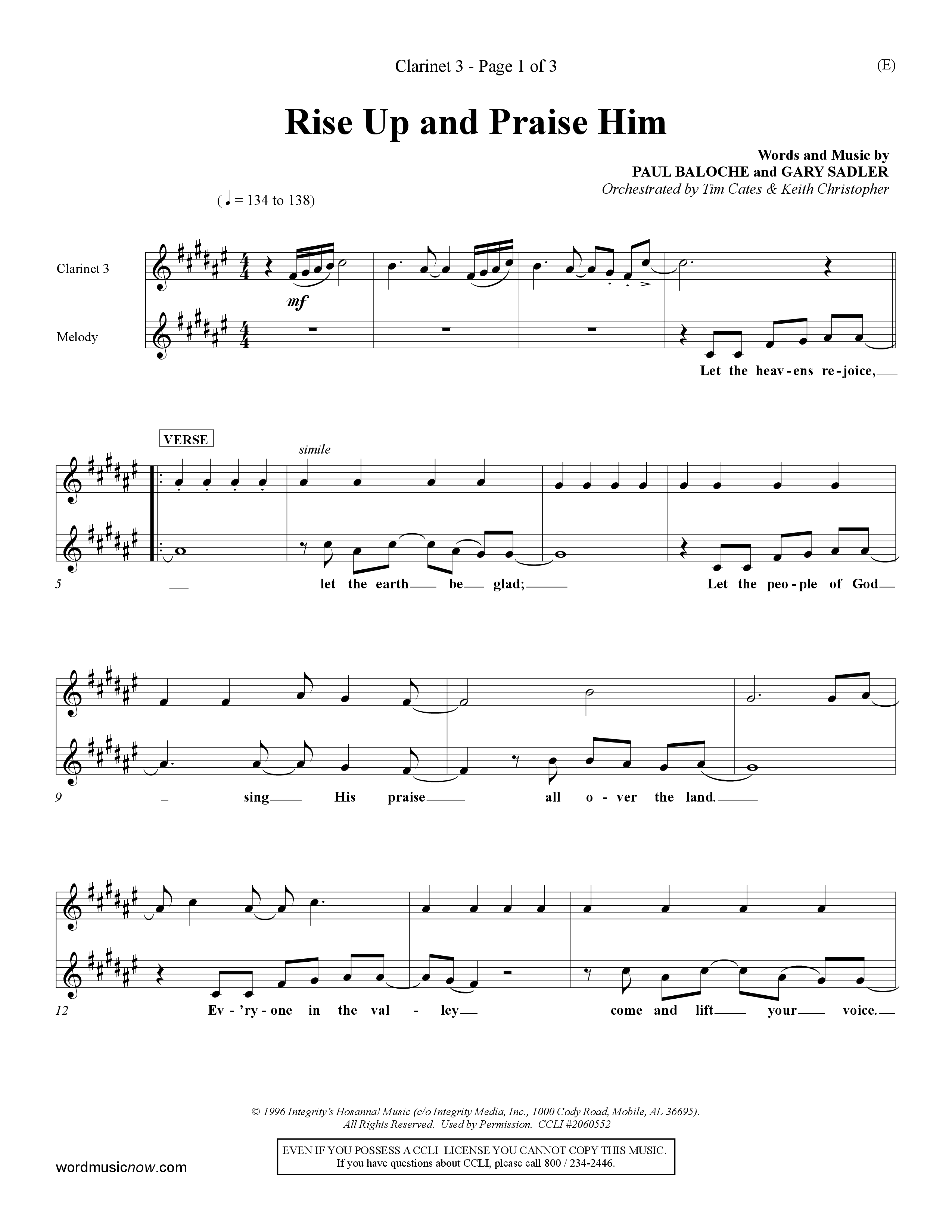 Rise Up and Praise Him (Choral Anthem SATB) Clarinet 3 (Word Music Choral / Orch. Tim Cates / Orch. Keith Christopher)