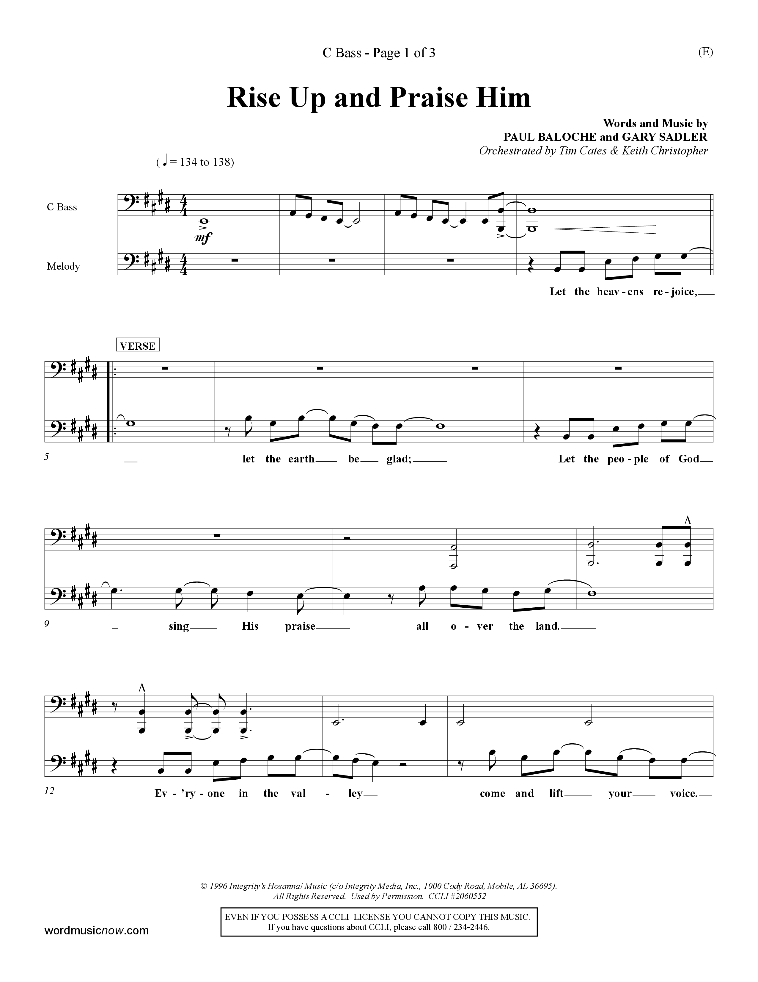 Rise Up and Praise Him (Choral Anthem SATB) Contrabass (Word Music Choral / Orch. Tim Cates / Orch. Keith Christopher)