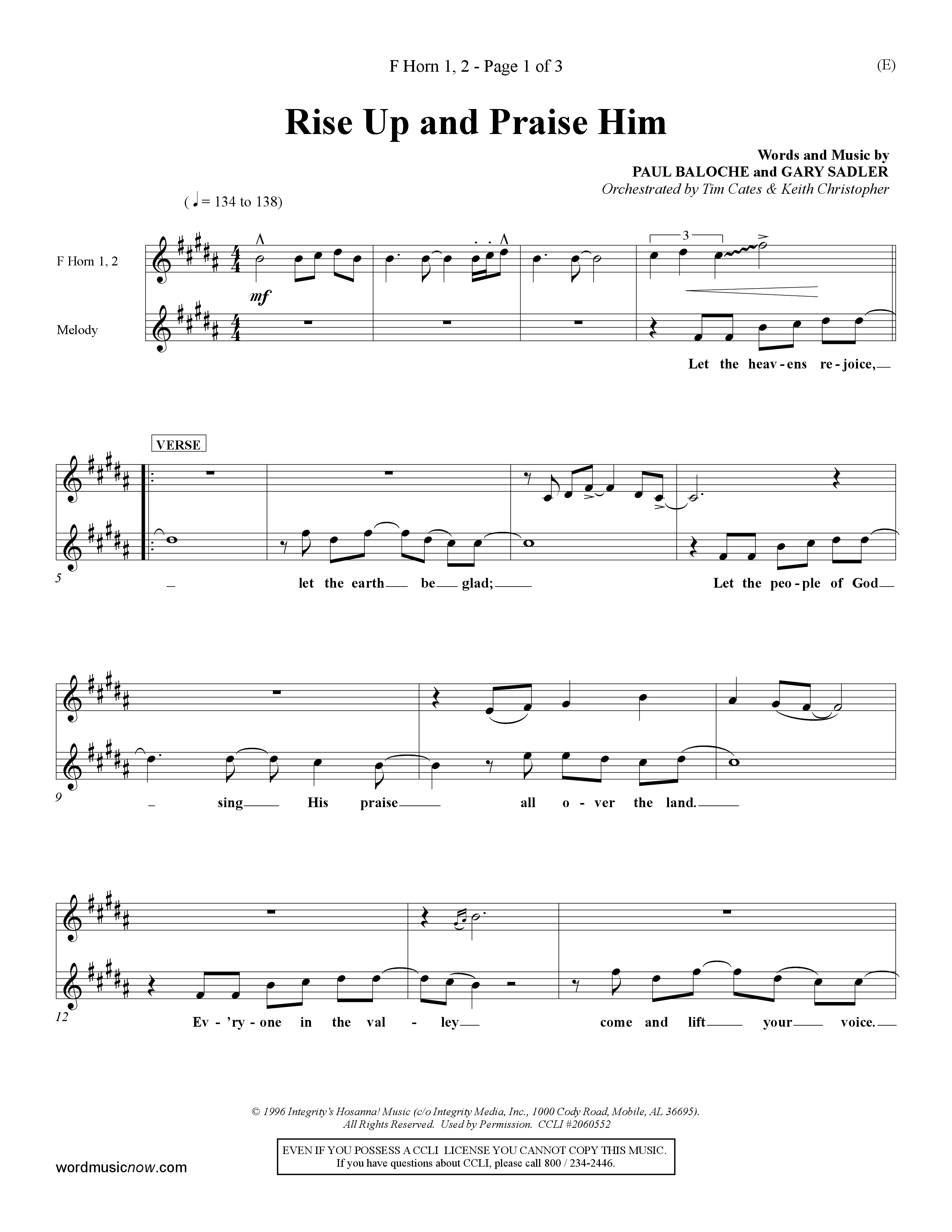 Rise Up and Praise Him (Choral Anthem SATB) French Horn (Word Music Choral / Orch. Tim Cates / Orch. Keith Christopher)