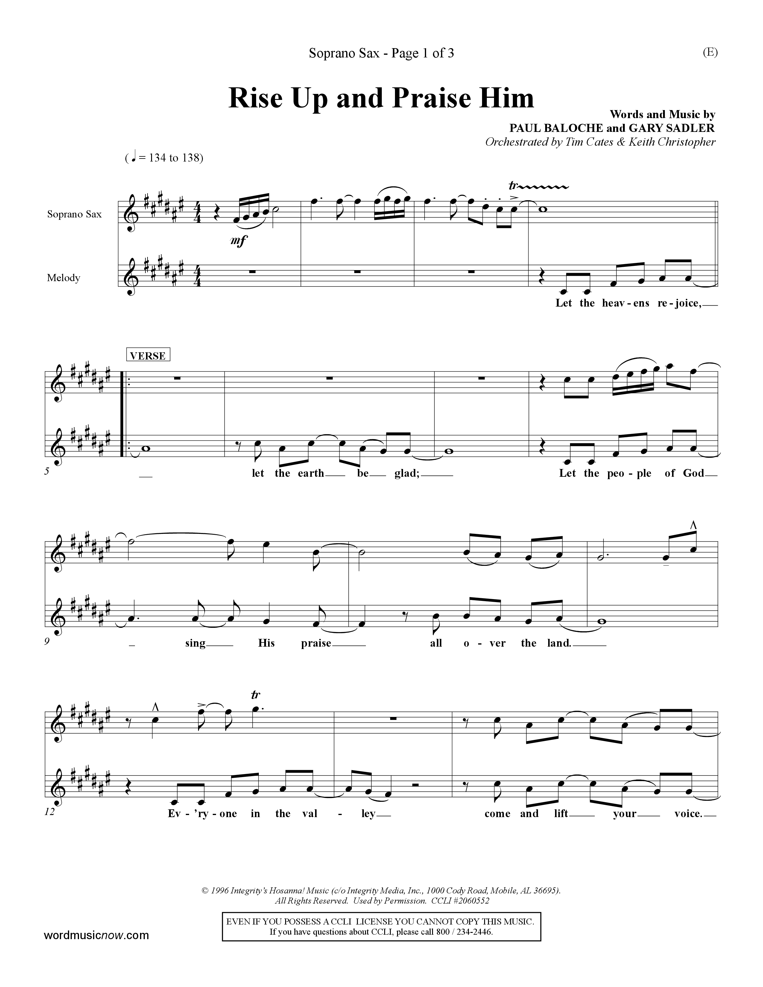 Rise Up and Praise Him (Choral Anthem SATB) Saxophone (Word Music Choral / Orch. Tim Cates / Orch. Keith Christopher)